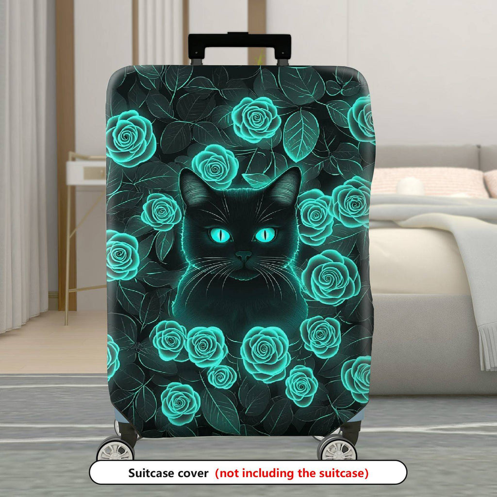 1-Piece Black Cat Green Rose Floral Art  Design  Suitcase Luggage Cover, Stretch Protective Sleeve