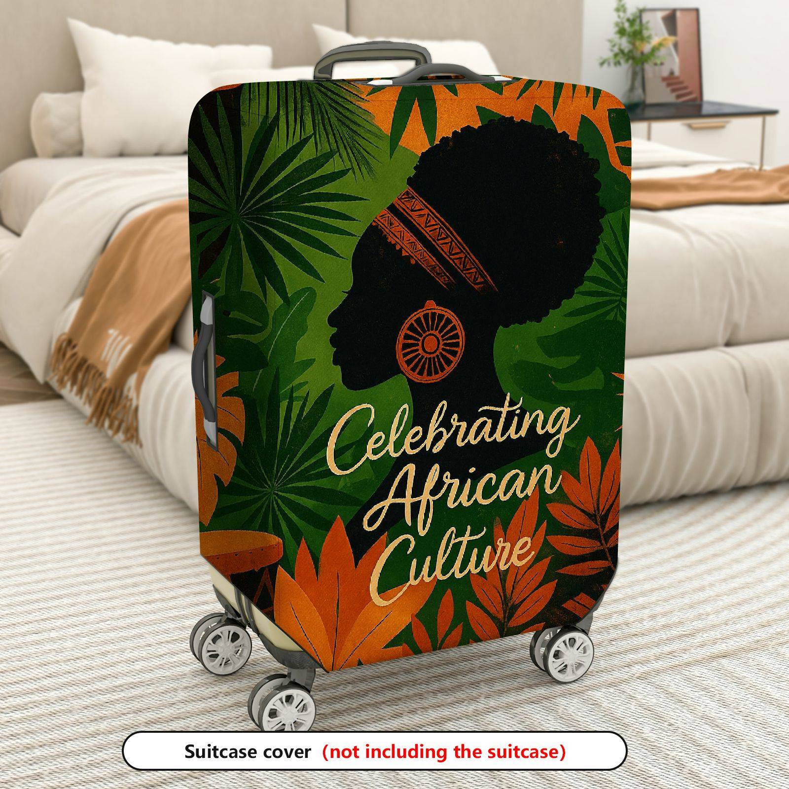1-Piece African Culture Green Orange Black Silhouette Leaves  Suitcase Luggage Cover, Stretch Protective Sleeve