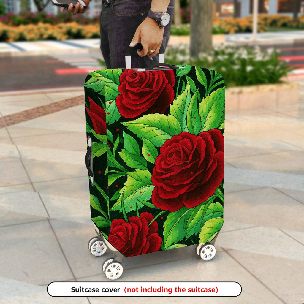 1-Piece Red Rose Green Leaf Floral  Suitcase Luggage Cover, Stretch Protective Sleeve