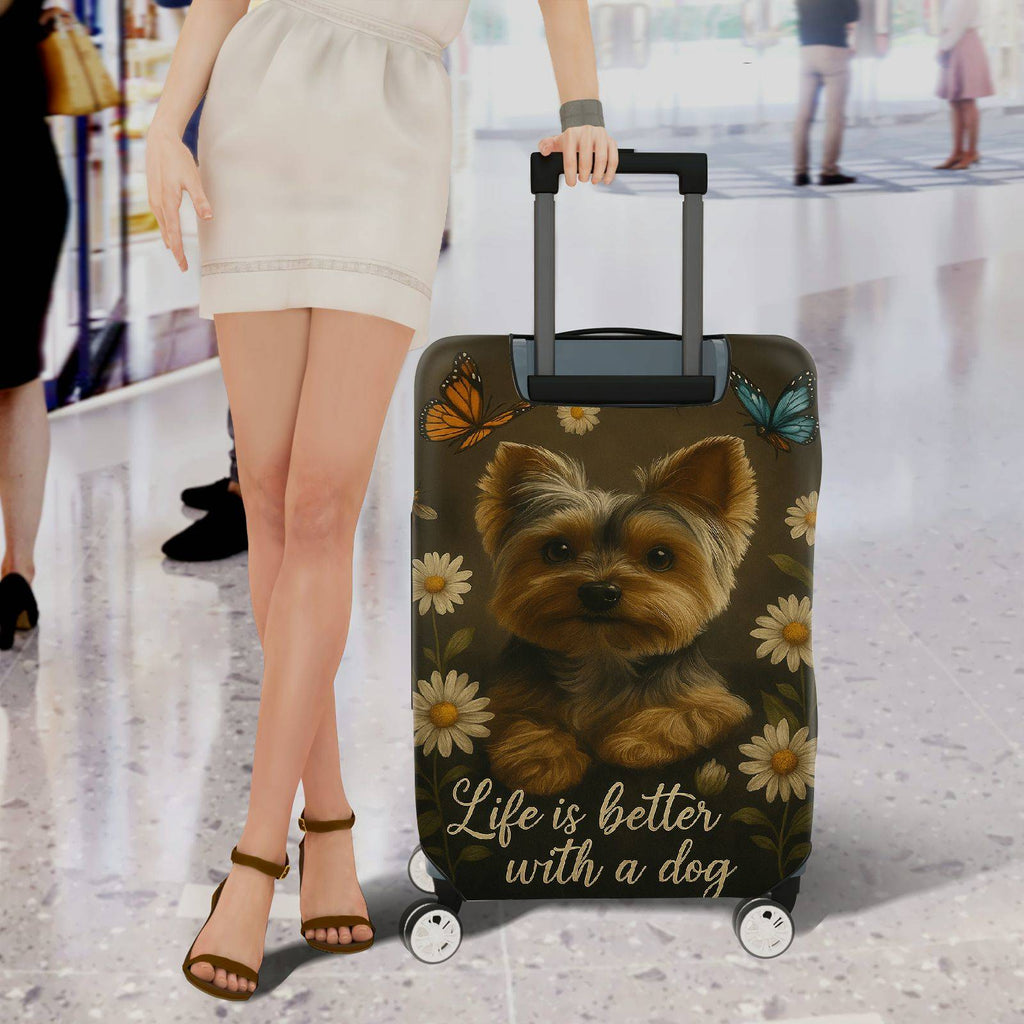 1-Piece Floral Butterfly Dog Yorkshire Daisy  Suitcase Luggage Cover, Stretch Protective Sleeve