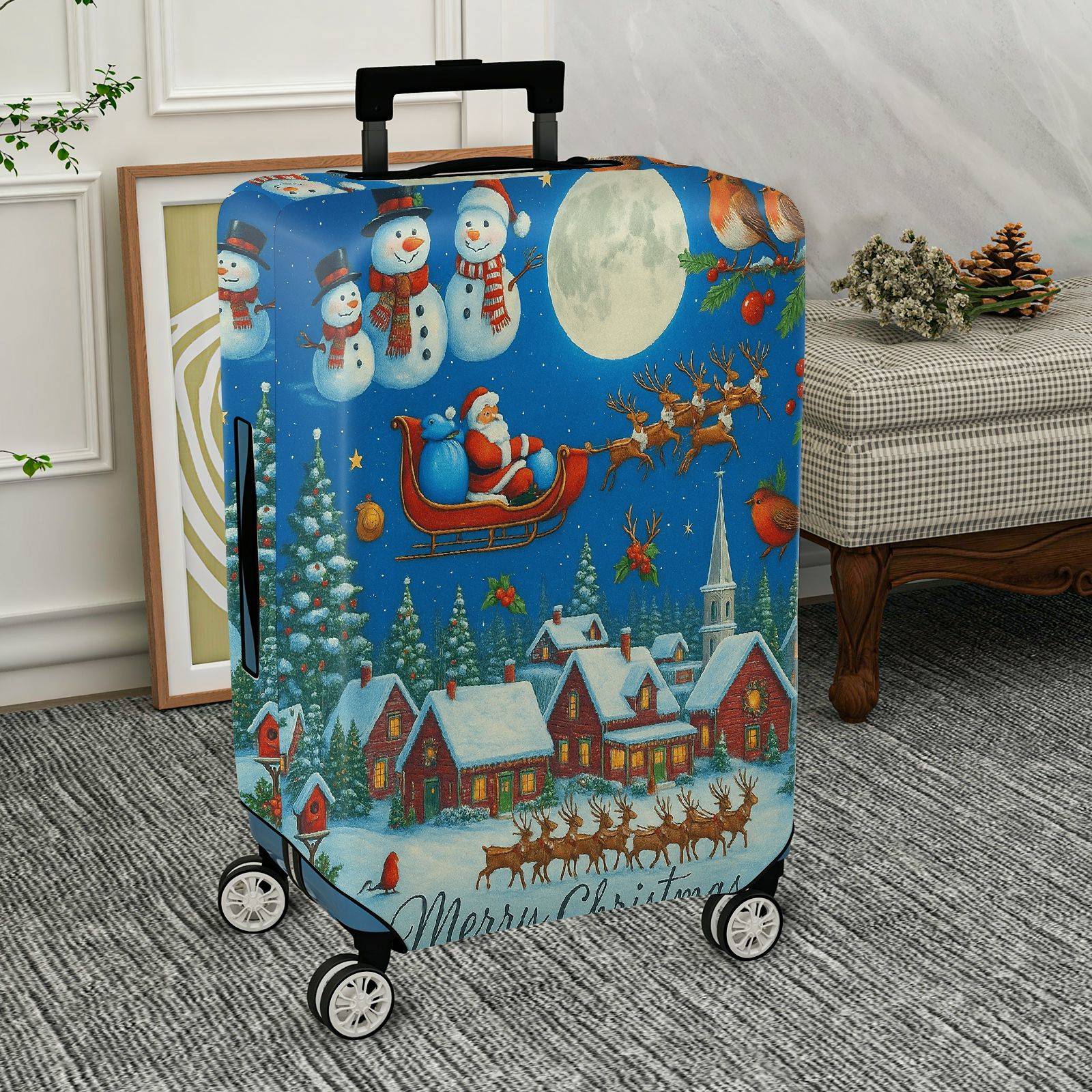 1-Piece Christmas Winter Santa Snowman Reindeer Holiday  Suitcase Luggage Cover, Stretch Protective Sleeve