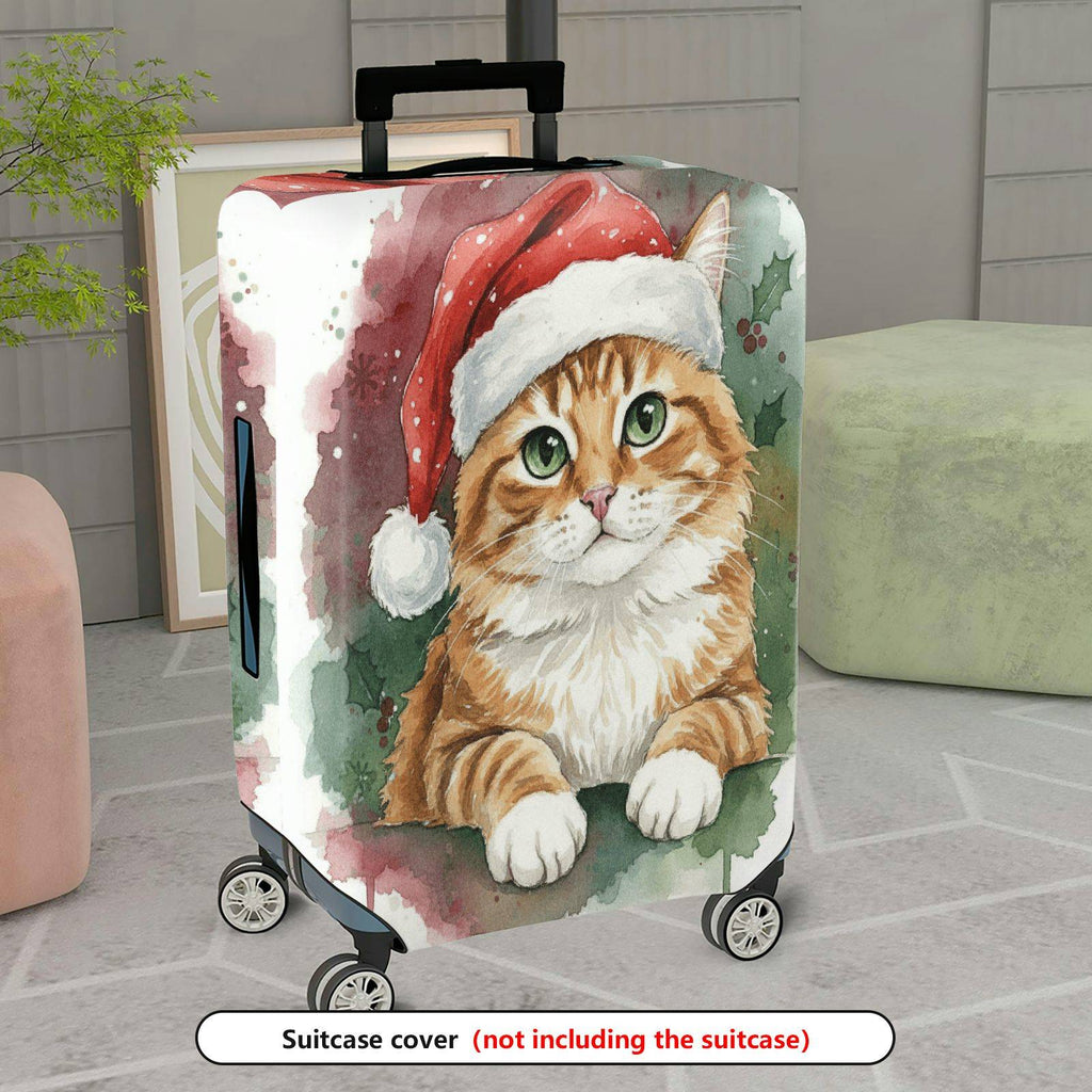 1-Piece Christmas Cat Santa Hat Watercolor Holiday  Suitcase Luggage Cover, Stretch Protective Sleeve