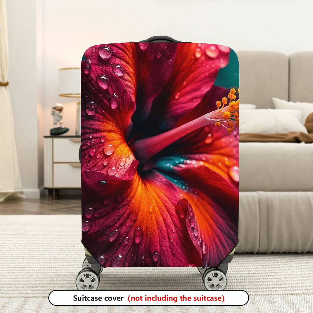 1-Piece Floral Water Droplets Red Hibiscus Vibrant Exotic  Suitcase Luggage Cover, Stretch Protective Sleeve