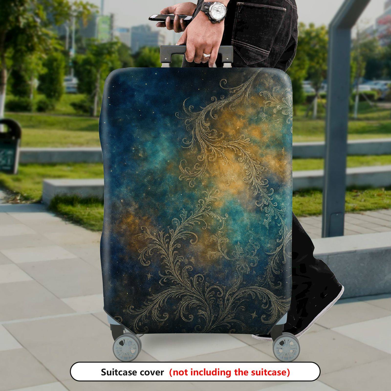 1-Piece Abstract Galaxy Blue Gold Ornate Elegant Universal  Suitcase Luggage Cover, Stretch Protective Sleeve