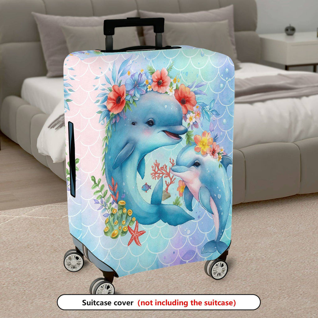 1-Piece Dolphin Floral Watercolor Ocean Mermaid Pattern  Suitcase Luggage Cover, Stretch Protective Sleeve