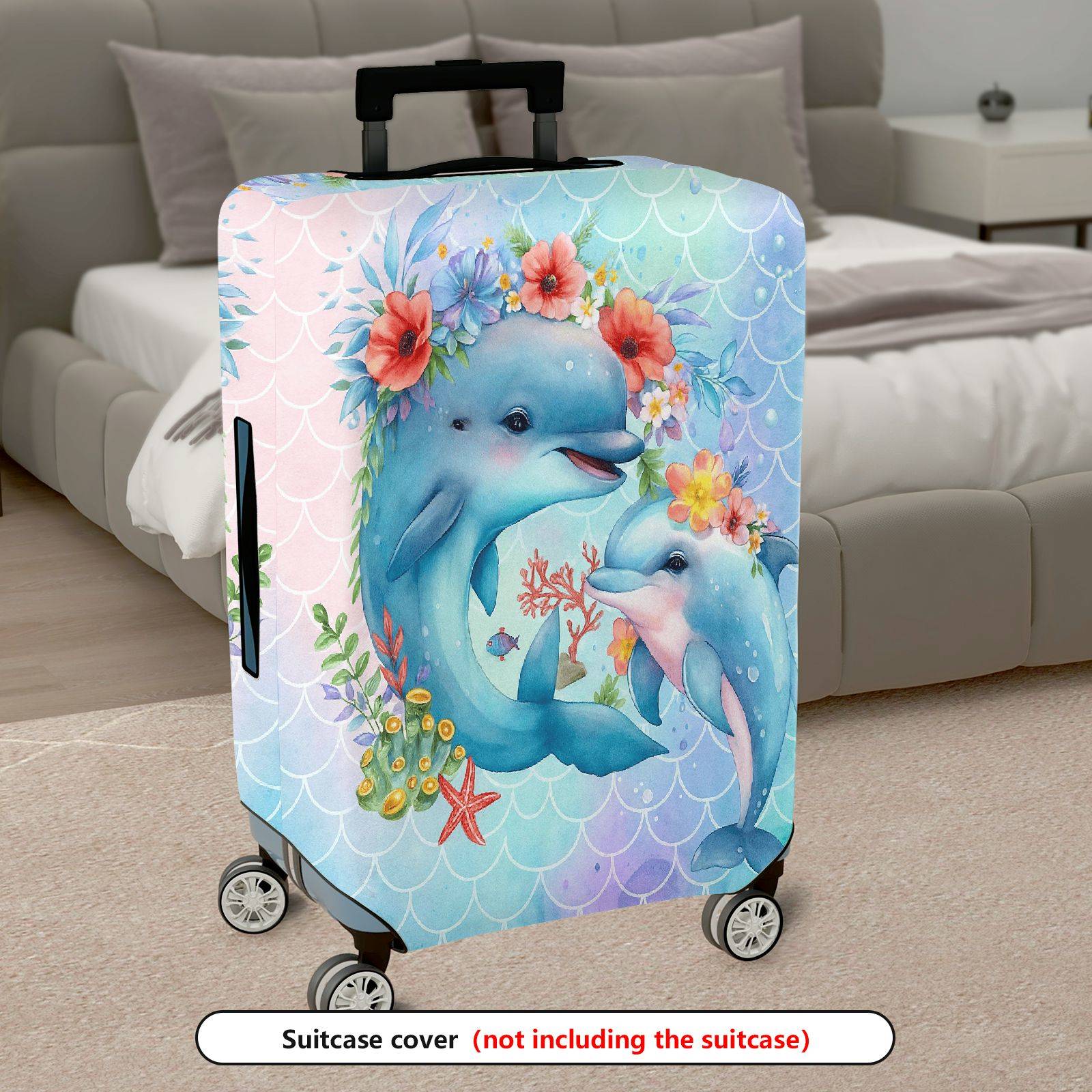 1-Piece Dolphin Floral Watercolor Ocean Mermaid Pattern  Suitcase Luggage Cover, Stretch Protective Sleeve
