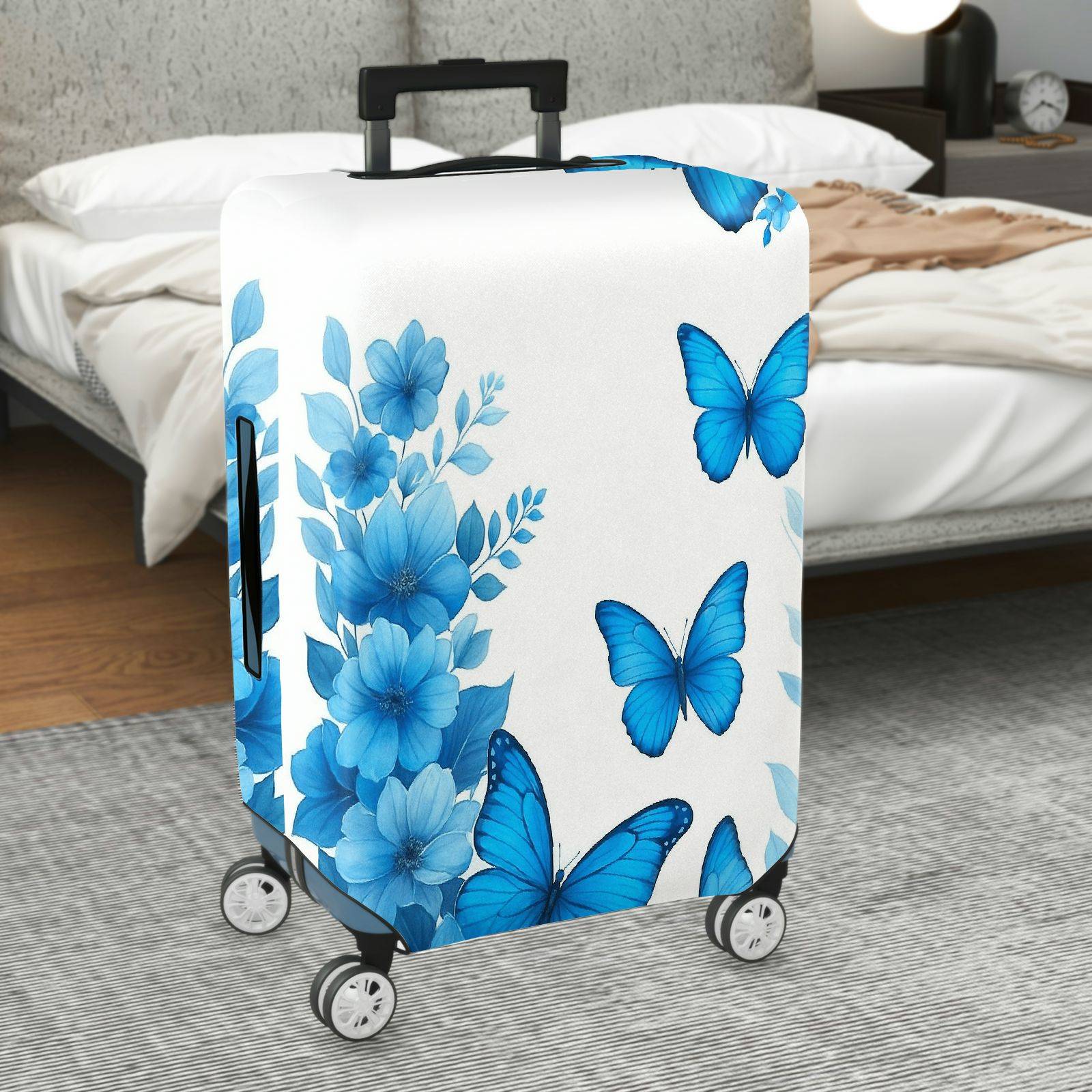 1-Piece Blue Butterfly Floral Nature Spring Summer Elegant  Suitcase Luggage Cover, Stretch Protective Sleeve