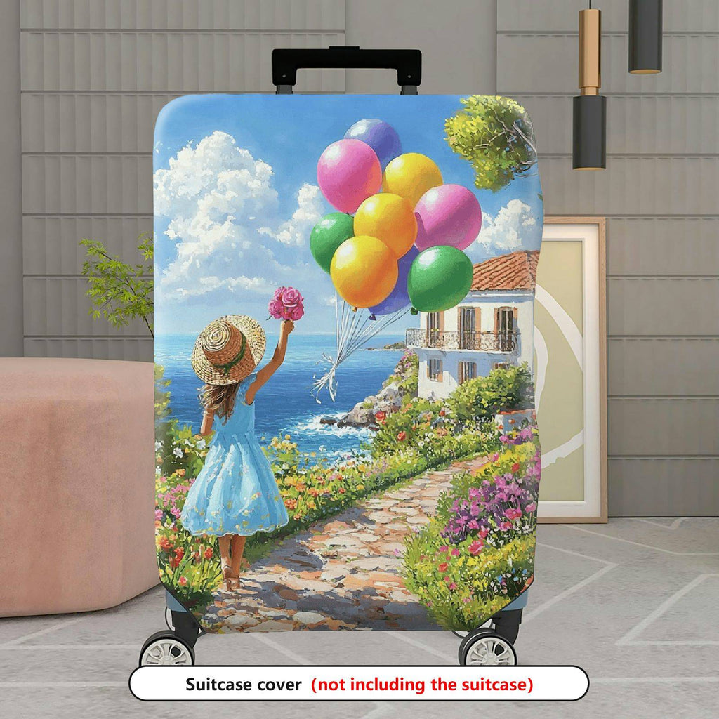 1-Piece Scenic Floral Balloon Girl Path Seaside  Suitcase Luggage Cover, Stretch Protective Sleeve
