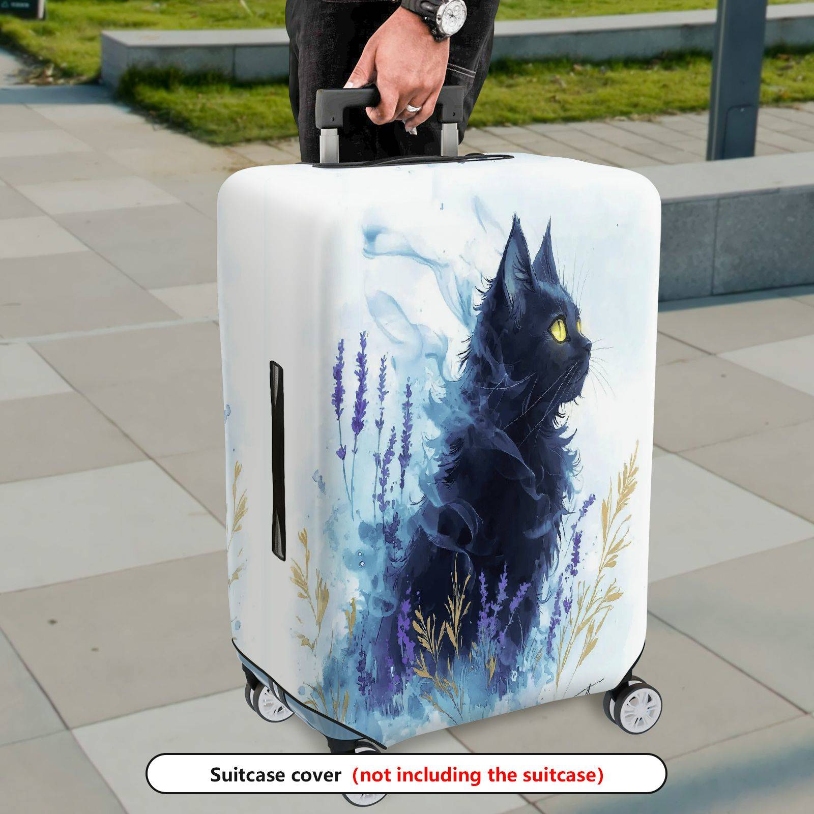 1-Piece Black Cat Lavender Abstract Art Floral  Suitcase Luggage Cover, Stretch Protective Sleeve