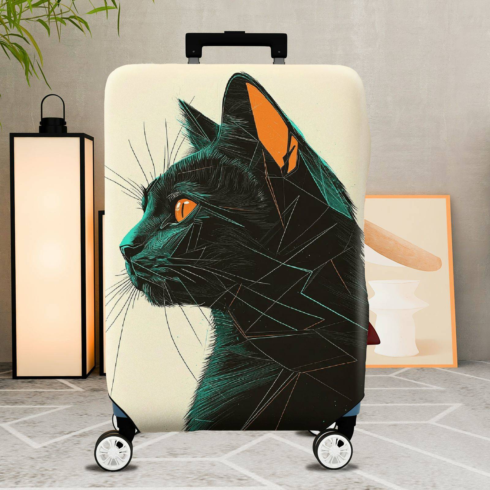 1-Piece Geometric Black Cat Art Pattern Animal Feline Creative  Suitcase Luggage Cover, Stretch Protective Sleeve