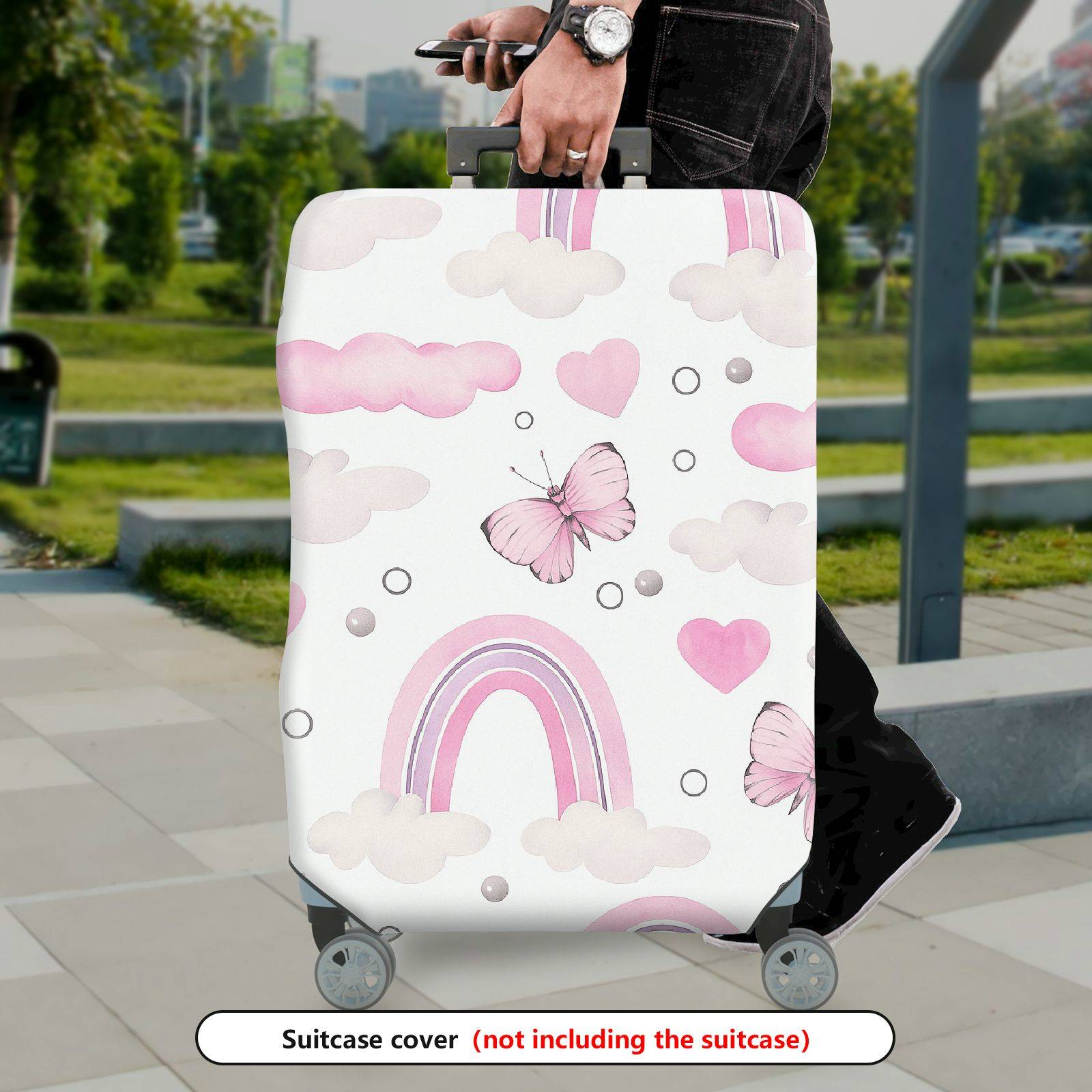 1-Piece Pink Clouds Hearts Butterflies Rainbow Cute  Suitcase Luggage Cover, Stretch Protective Sleeve