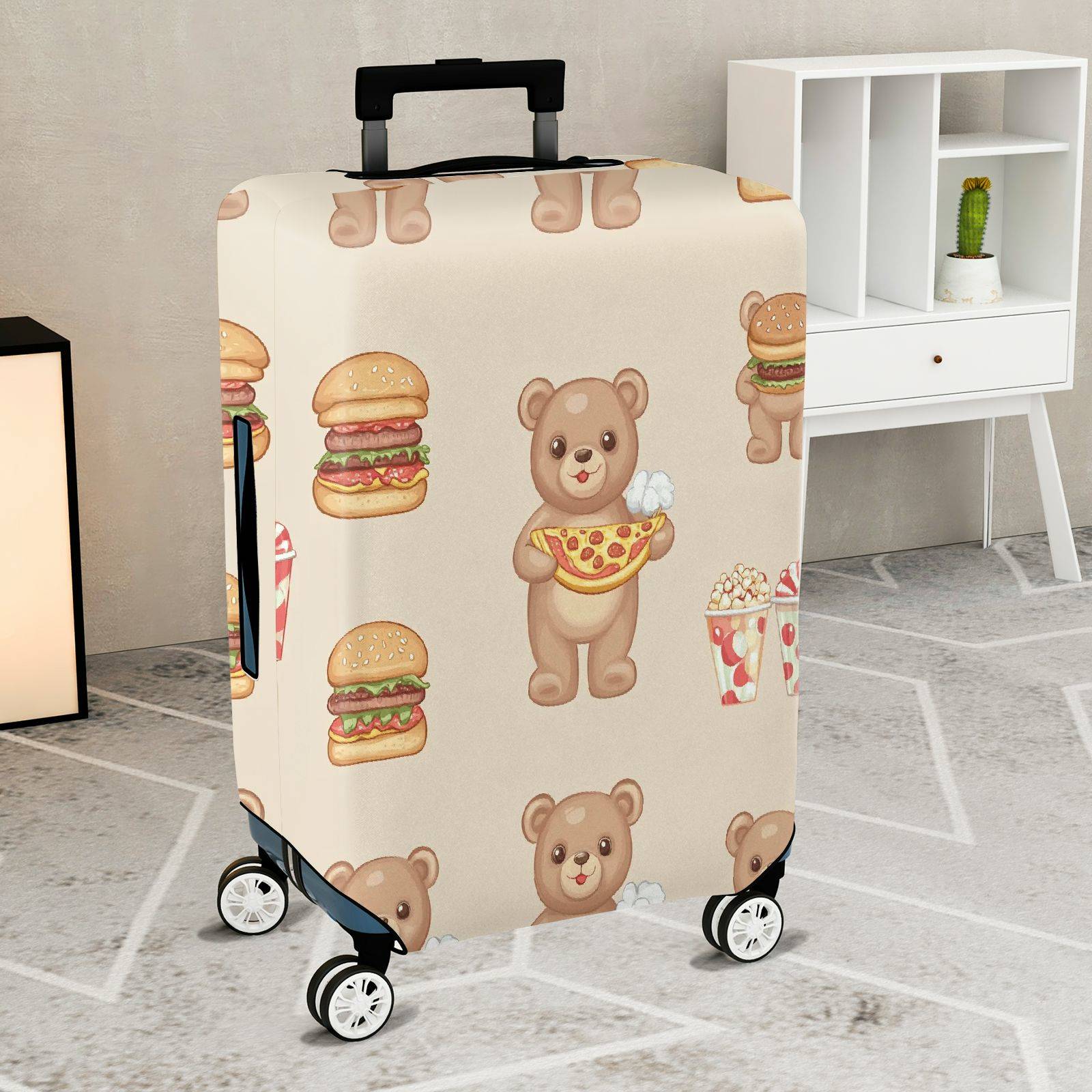 1-Piece Cute Bear Pizza Burger Popcorn Food  Suitcase Luggage Cover, Stretch Protective Sleeve