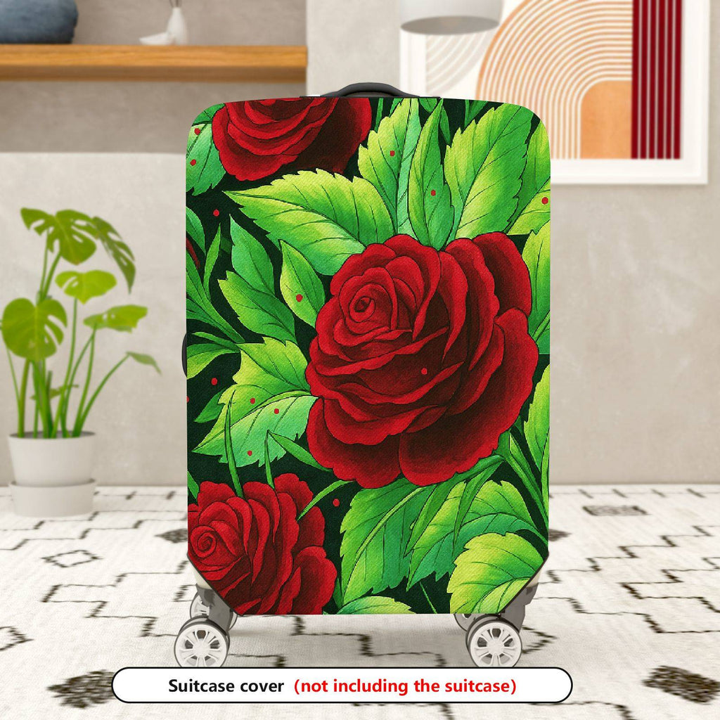 1-Piece Red Rose Green Leaf Floral  Suitcase Luggage Cover, Stretch Protective Sleeve