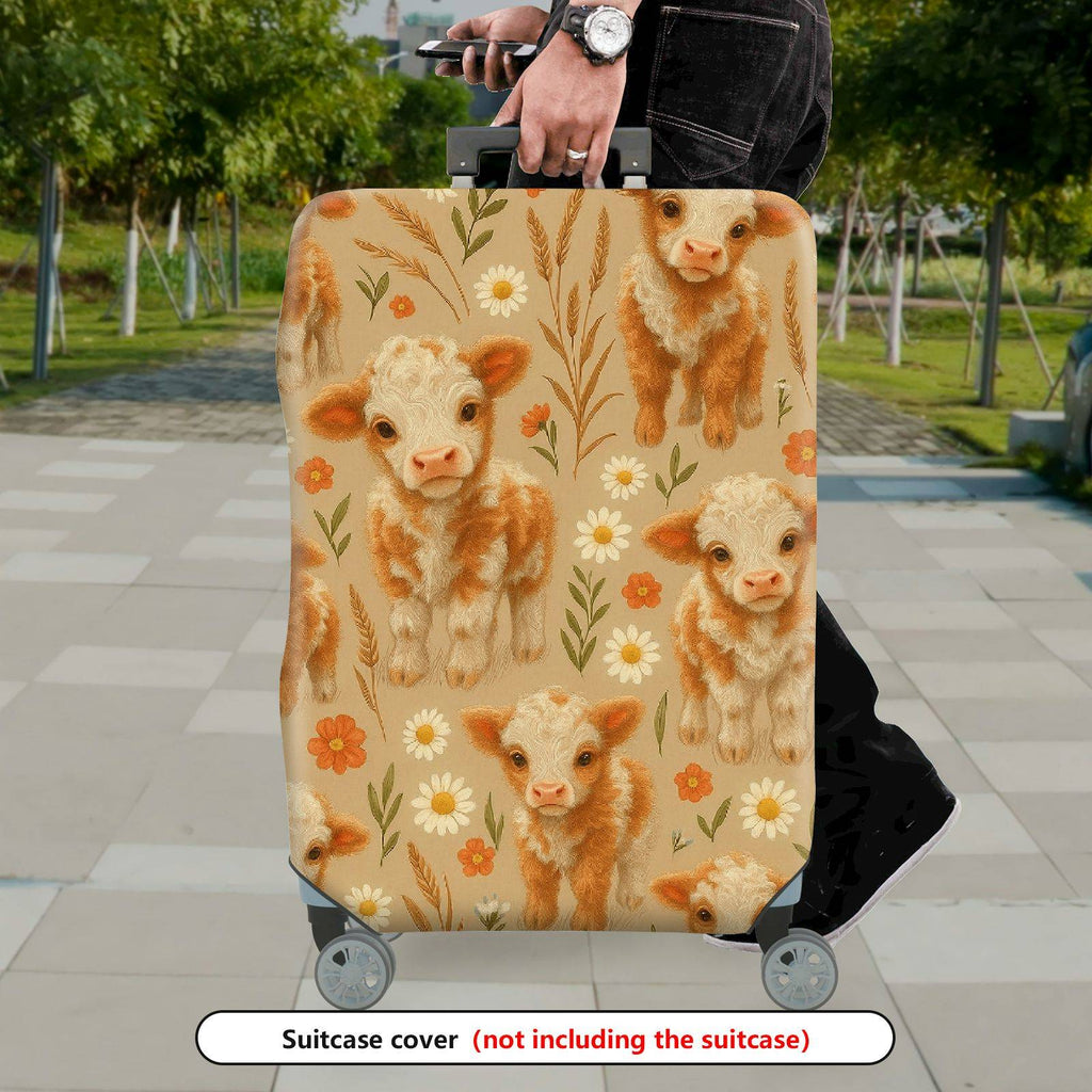 1-Piece Cute Cow Floral Pastoral Farm Animal Beige  Suitcase Luggage Cover, Stretch Protective Sleeve