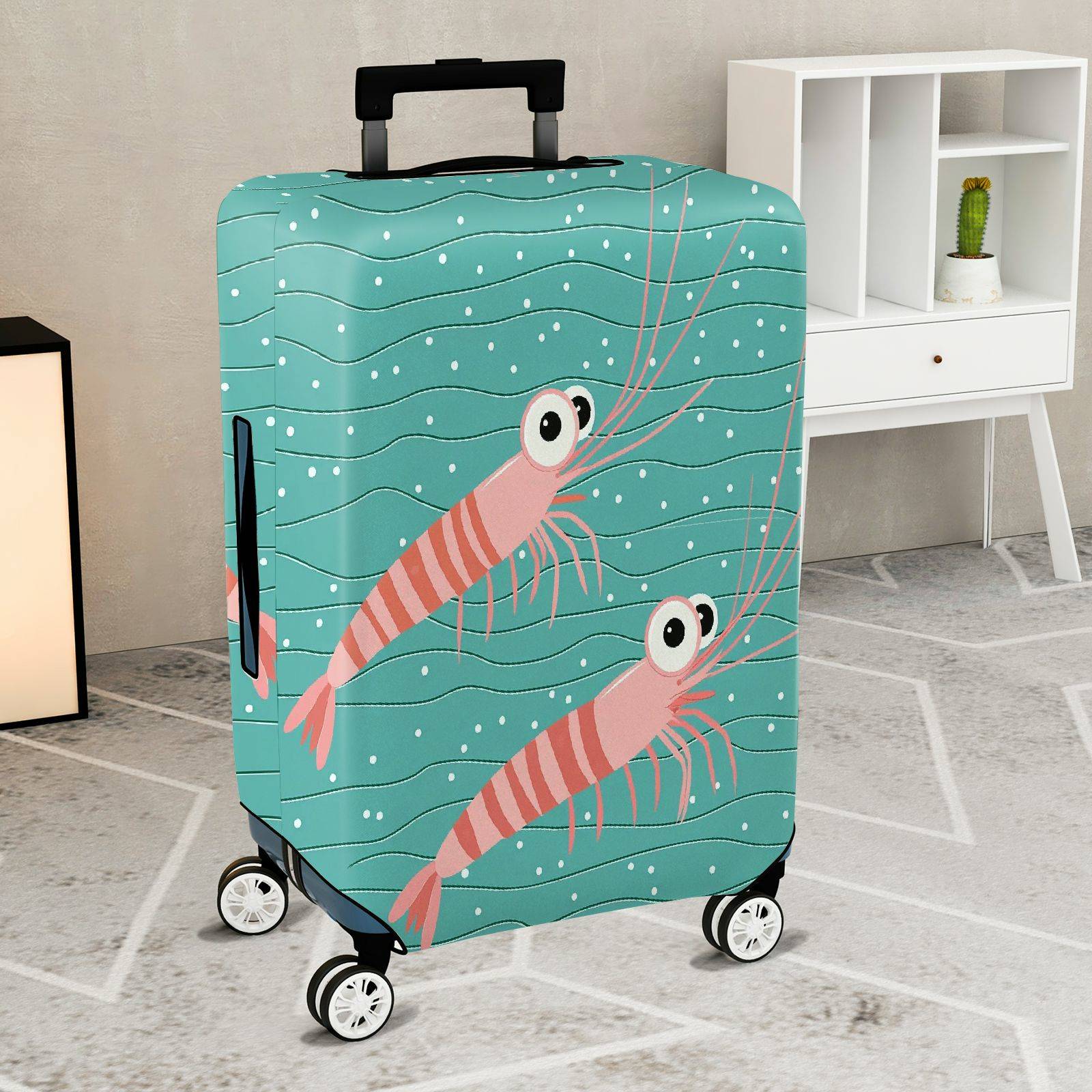 1-Piece Shrimp  Teal Striped Polka Dots Cute  Suitcase Luggage Cover, Stretch Protective Sleeve