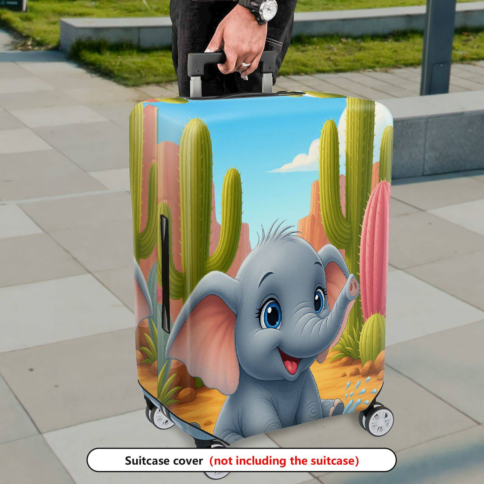 1-Piece Elephant  Desert Cactus Landscape Colorful  Suitcase Luggage Cover, Stretch Protective Sleeve