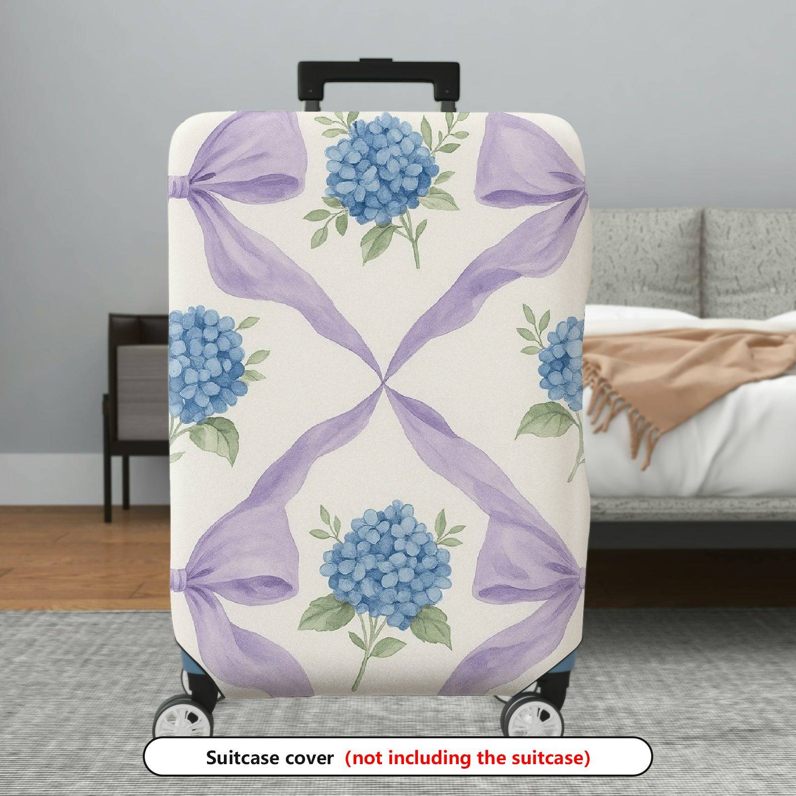 1-Piece Hydrangea Pattern Purple Ribbon Floral Artistic  Suitcase Luggage Cover, Stretch Protective Sleeve