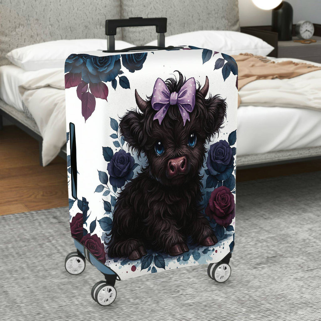 1-Piece Cute Black Highland Cow Floral Bow Travel  Suitcase Luggage Cover, Stretch Protective Sleeve