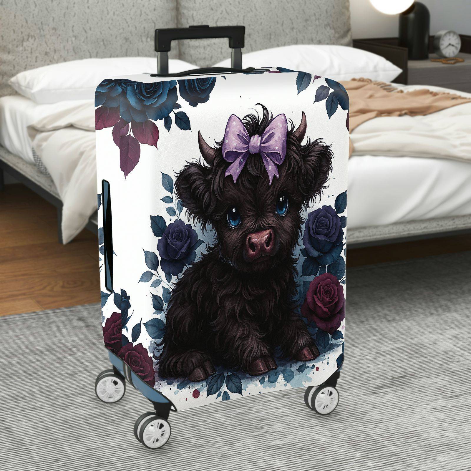 1-Piece Cute Black Highland Cow Floral Bow Travel  Suitcase Luggage Cover, Stretch Protective Sleeve