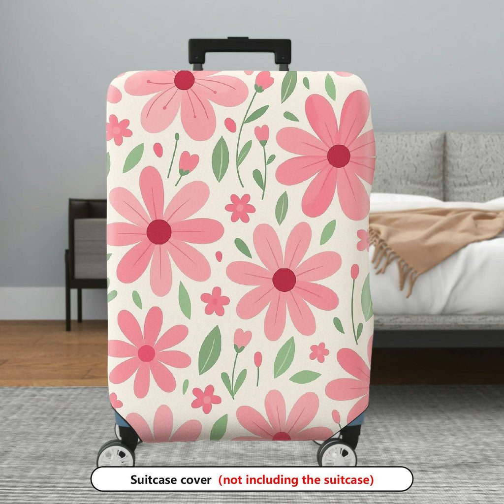1-Piece Pink Floral Pattern Daisy Leaves Plant Spring  Suitcase Luggage Cover, Stretch Protective Sleeve