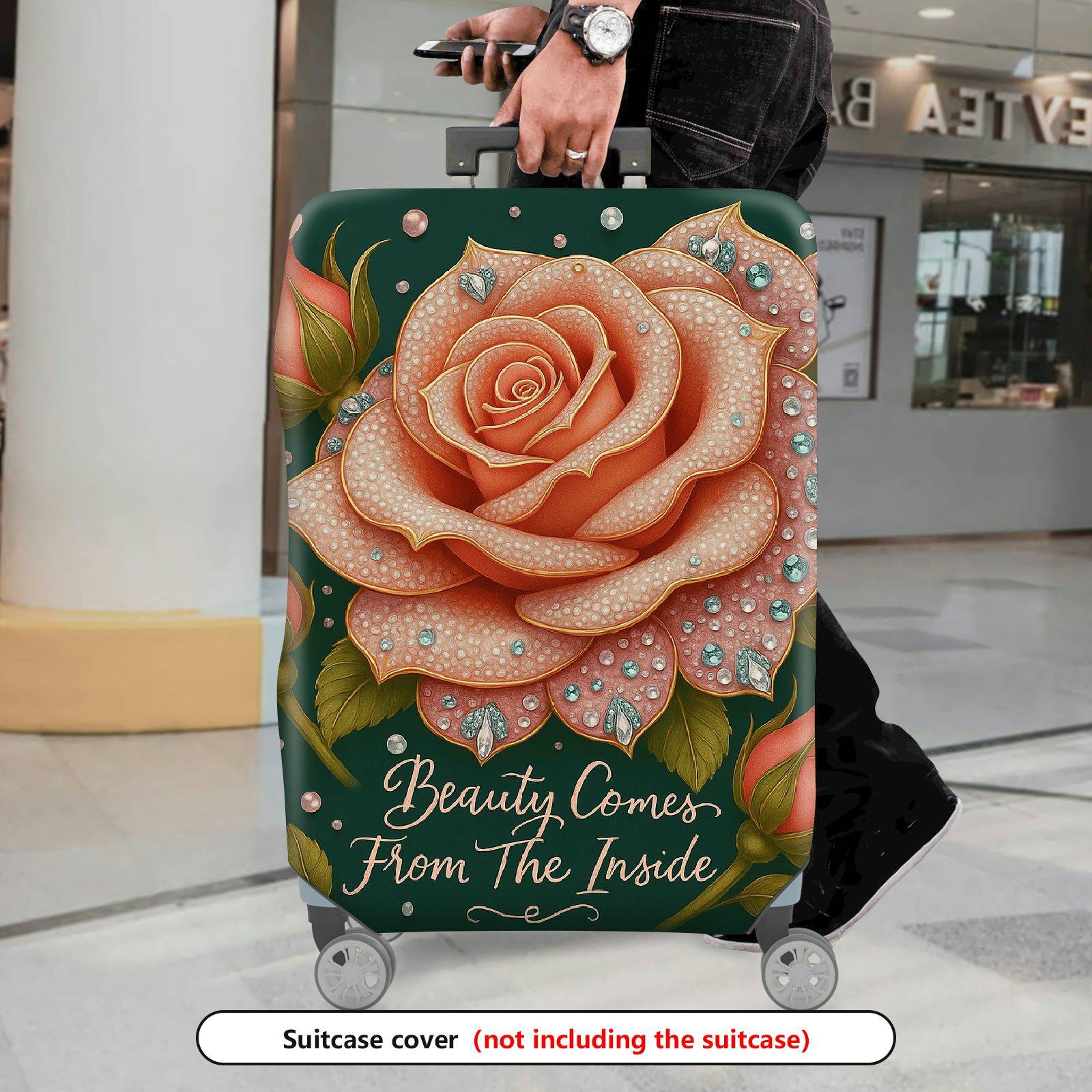 1-Piece Elegant Romantic Floral Glitter Typography  Suitcase Luggage Cover, Stretch Protective Sleeve