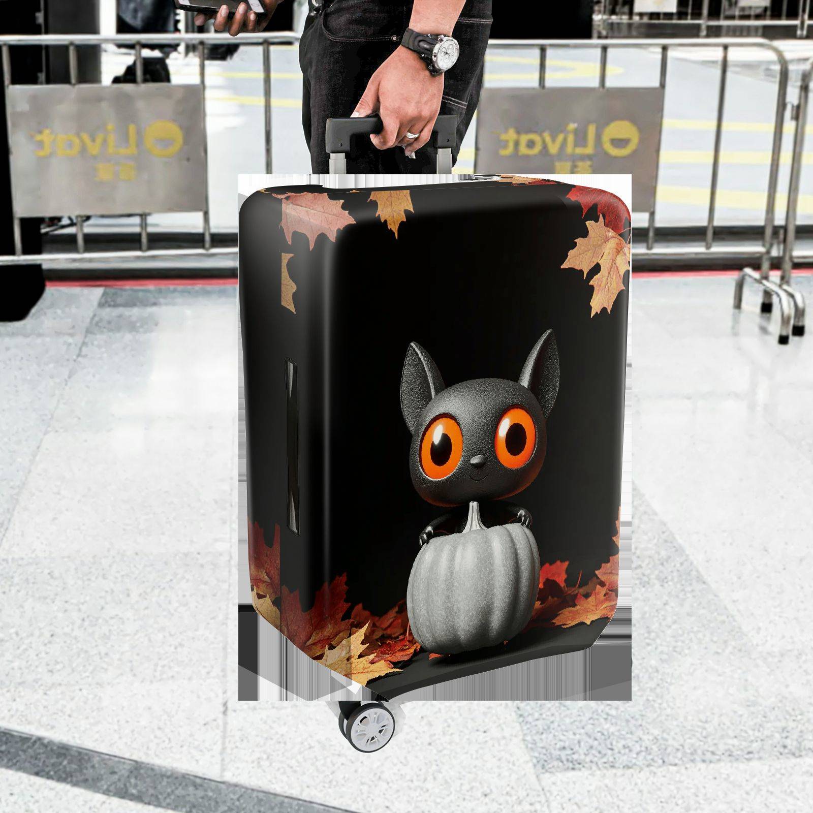 1-Piece Cute Cat Halloween Autumn Leaves Pumpkin  Suitcase Luggage Cover, Stretch Protective Sleeve
