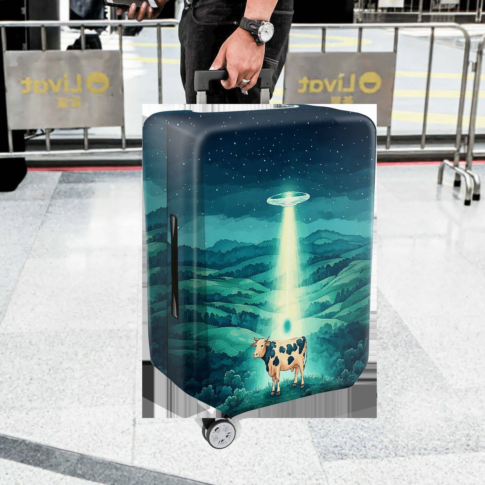 1-Piece Cow Landscape Night Sky Alien  Suitcase Luggage Cover, Stretch Protective Sleeve