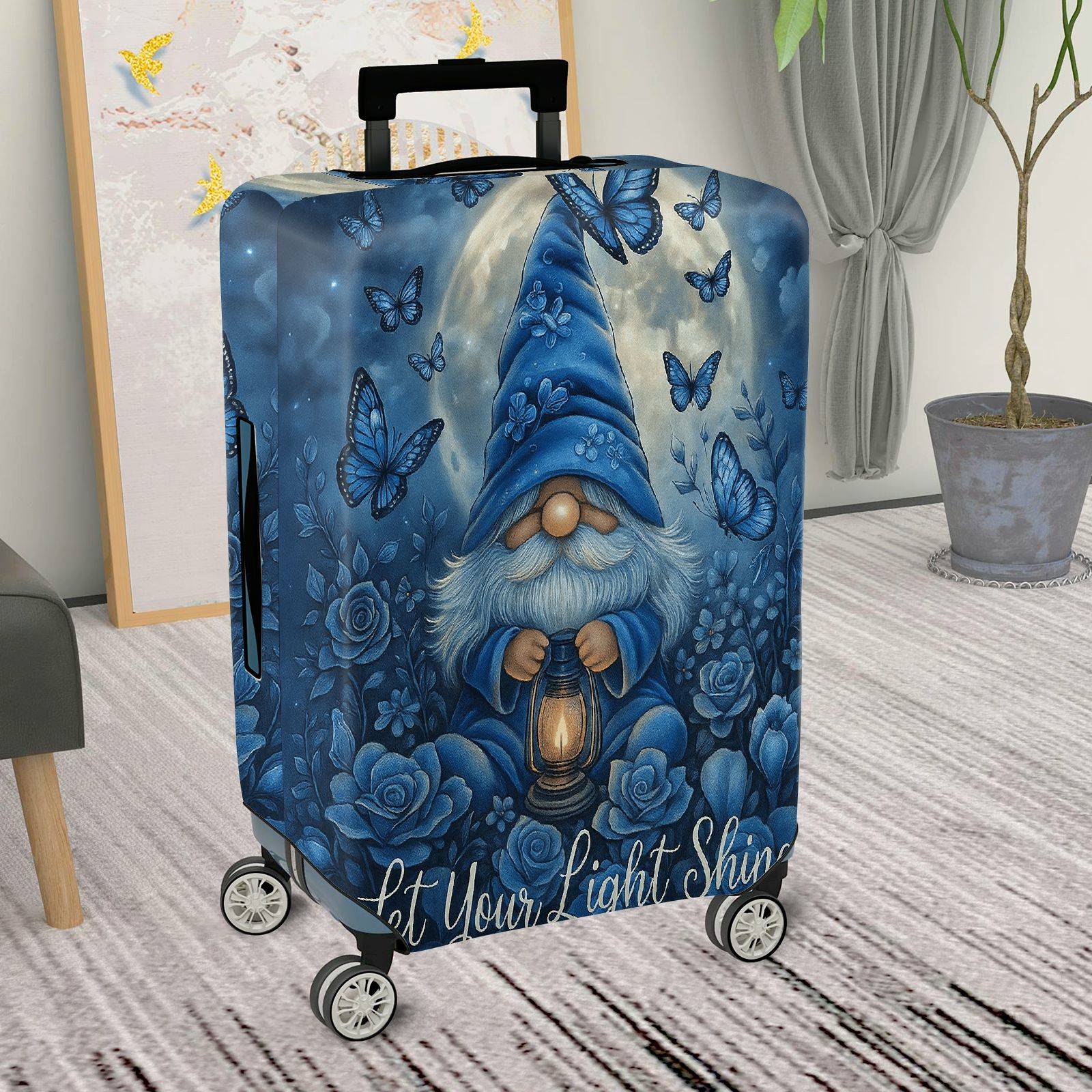 1-Piece Blue Gnome Lantern Moon Butterfly Floral  Suitcase Luggage Cover, Stretch Protective Sleeve
