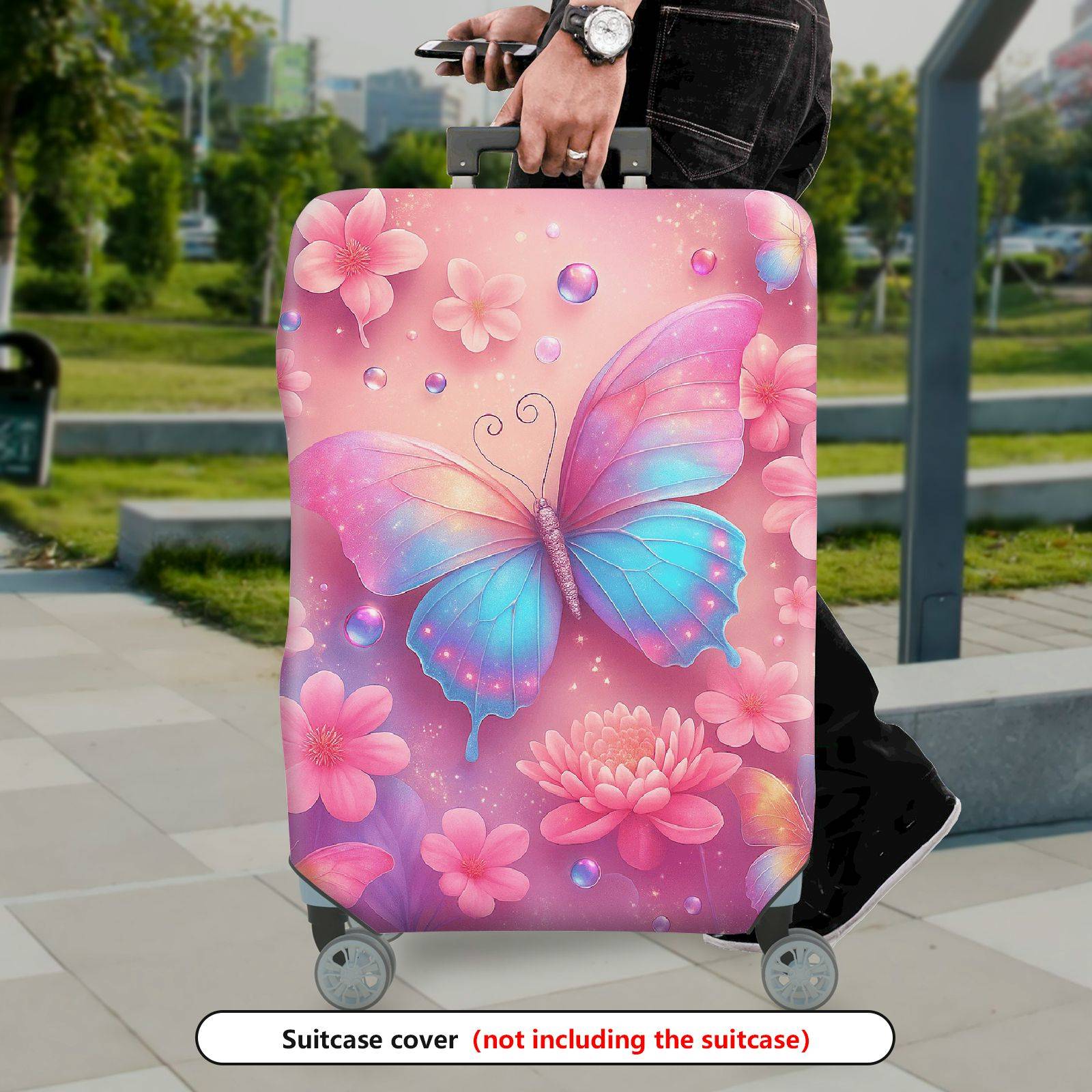 1-Piece Colorful Butterfly Floral Shimmer Watercolor Fantasy  Suitcase Luggage Cover, Stretch Protective Sleeve
