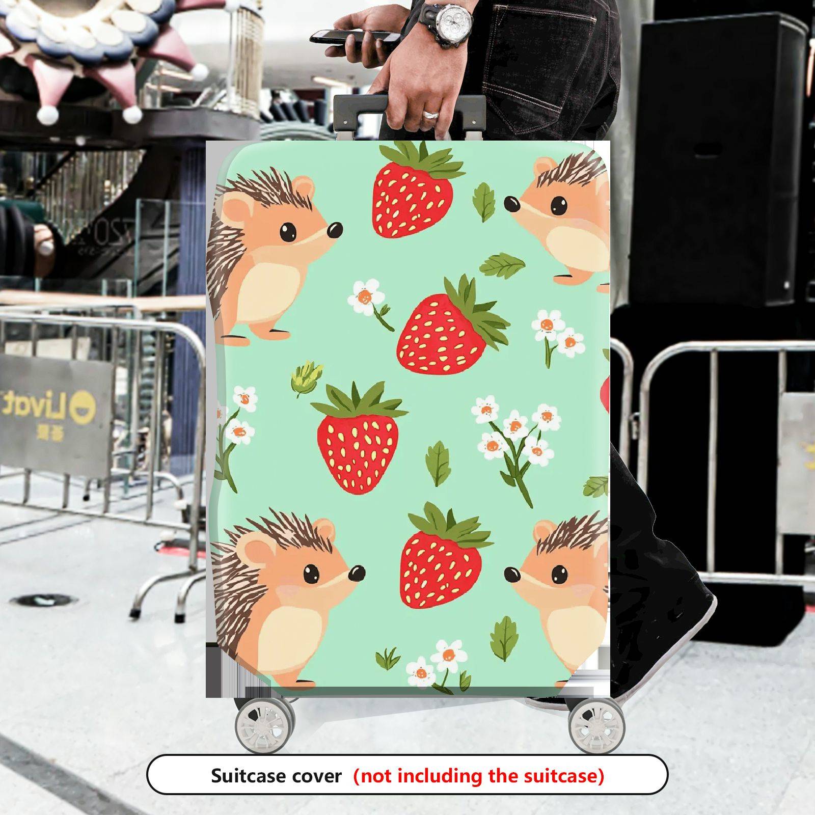 1-Piece Hedgehog Strawberry Floral Green Cute Pattern  Suitcase Luggage Cover, Stretch Protective Sleeve