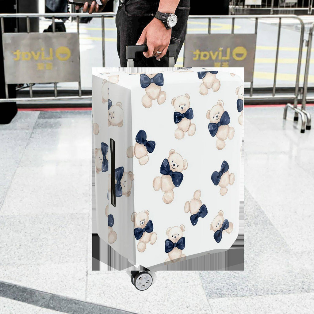 1-Piece Cute Teddy Bear Blue Bow Tie  Fun Playful  Suitcase Luggage Cover, Stretch Protective Sleeve