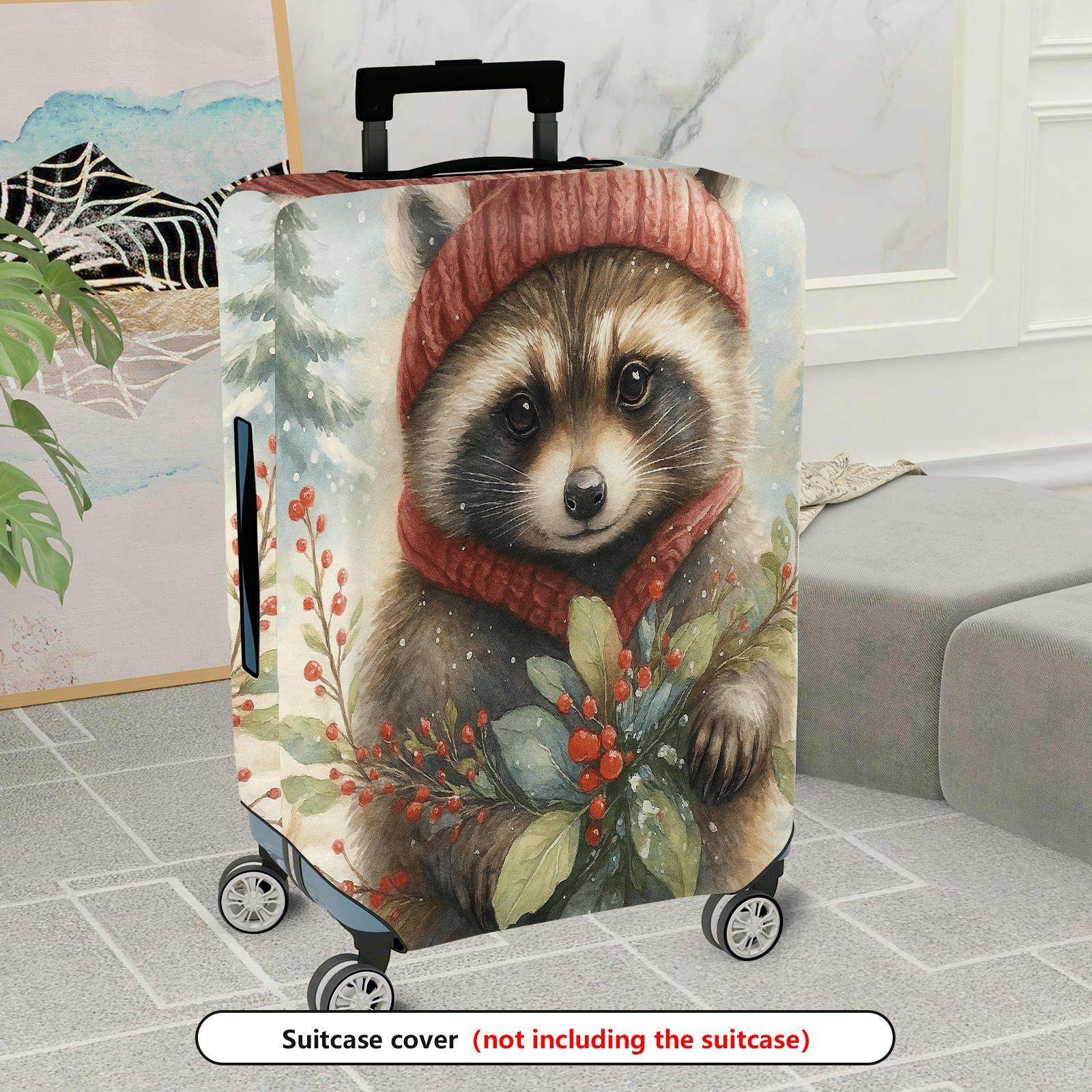 1-Piece Raccoon Winter Holiday Nature Pattern  Suitcase Luggage Cover, Stretch Protective Sleeve