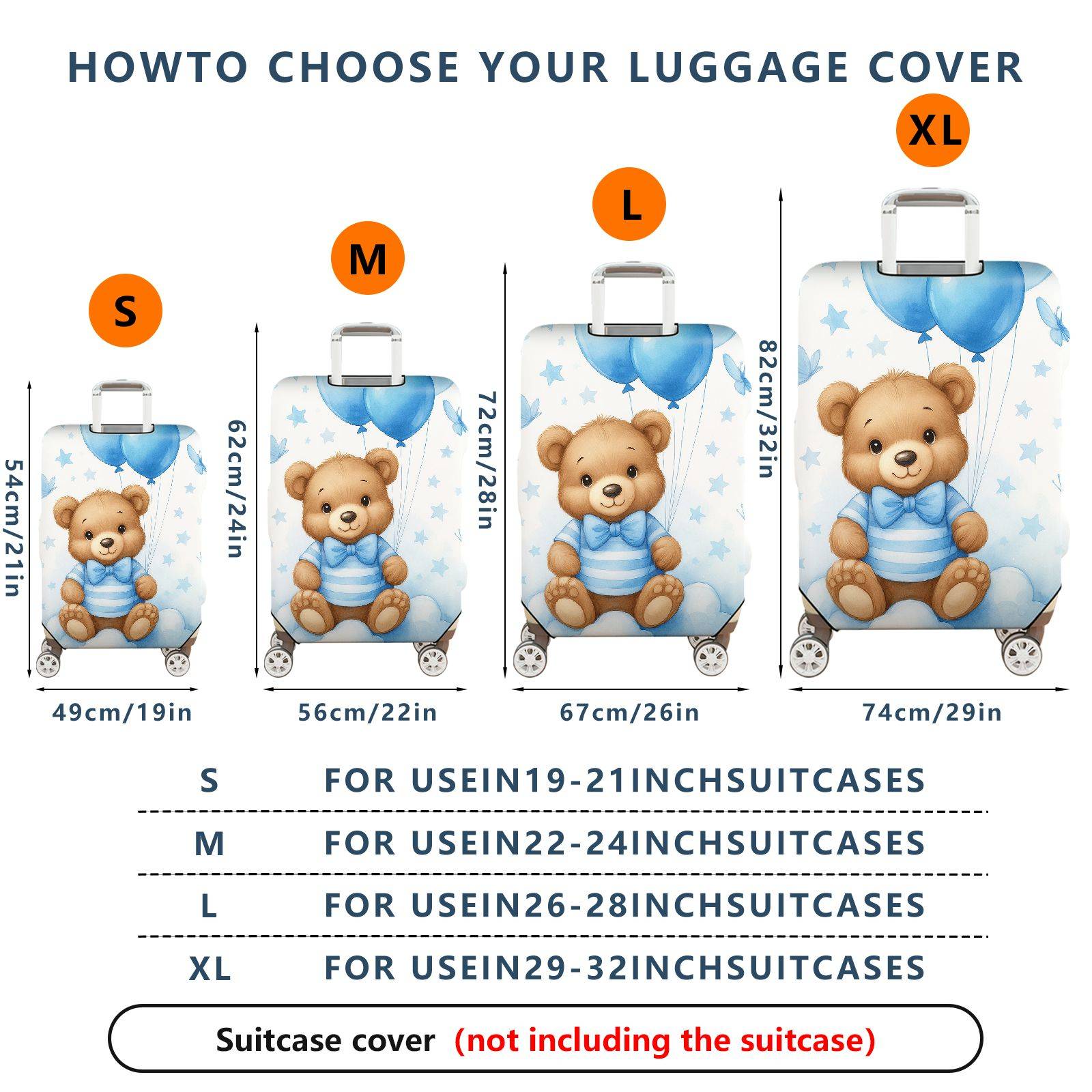 1-Piece Cute Bear Blue Balloon Stars Clouds Butterfly  Suitcase Luggage Cover, Stretch Protective Sleeve