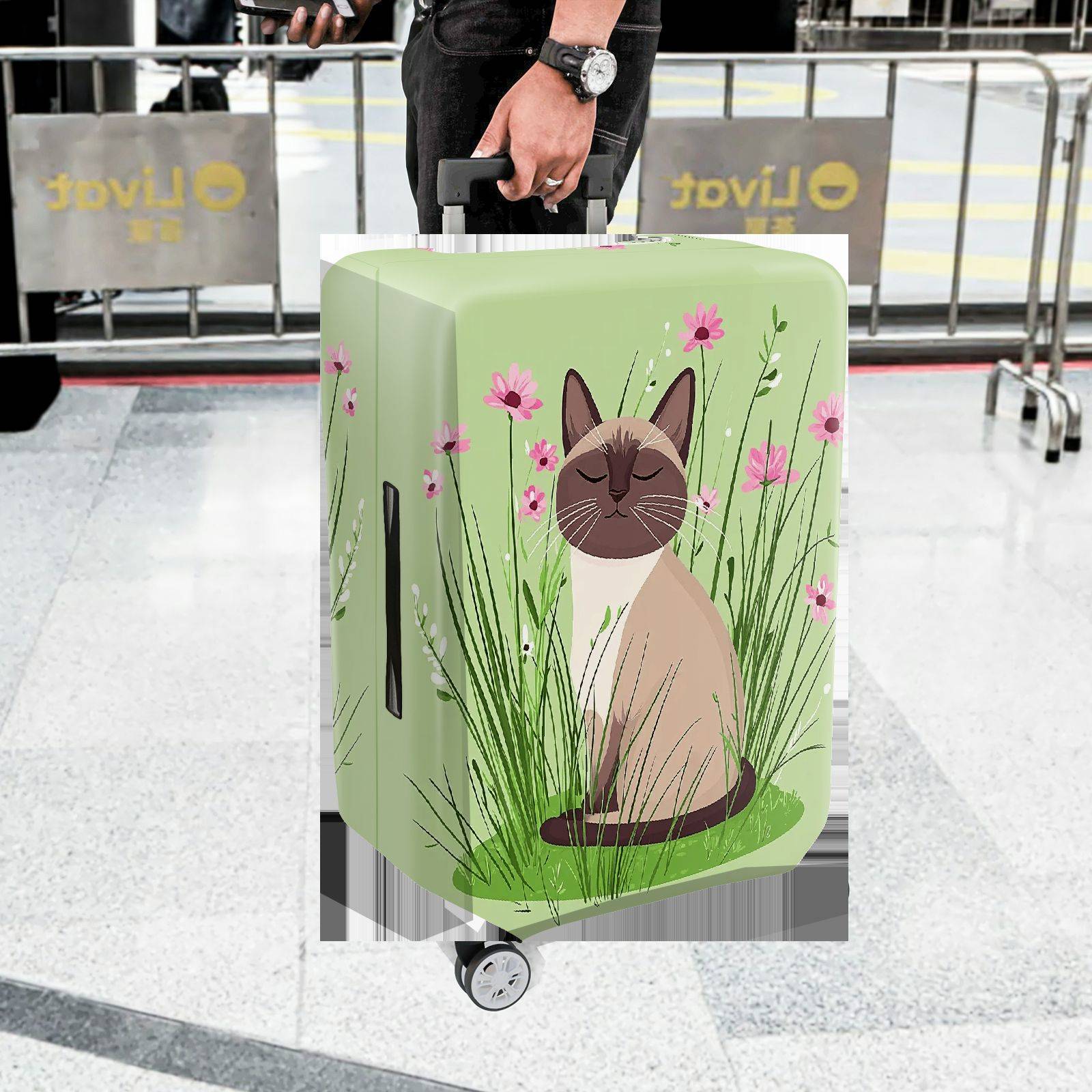 1-Piece Cat Floral Green Nature Cute Whimsical  Suitcase Luggage Cover, Stretch Protective Sleeve