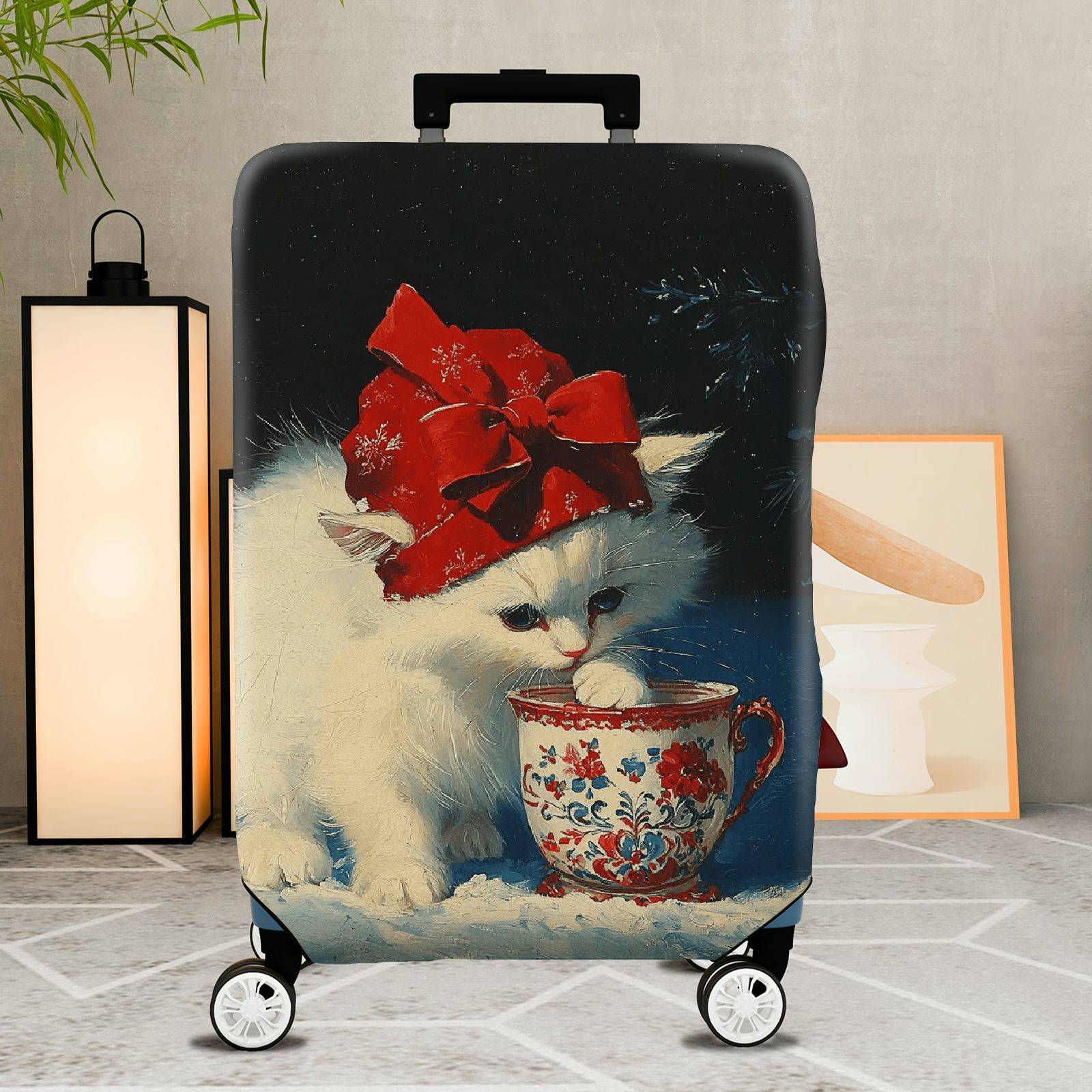 1-Piece Cute Christmas Winter Cat Red Hat Christmas Mug  Suitcase Luggage Cover, Stretch Protective Sleeve
