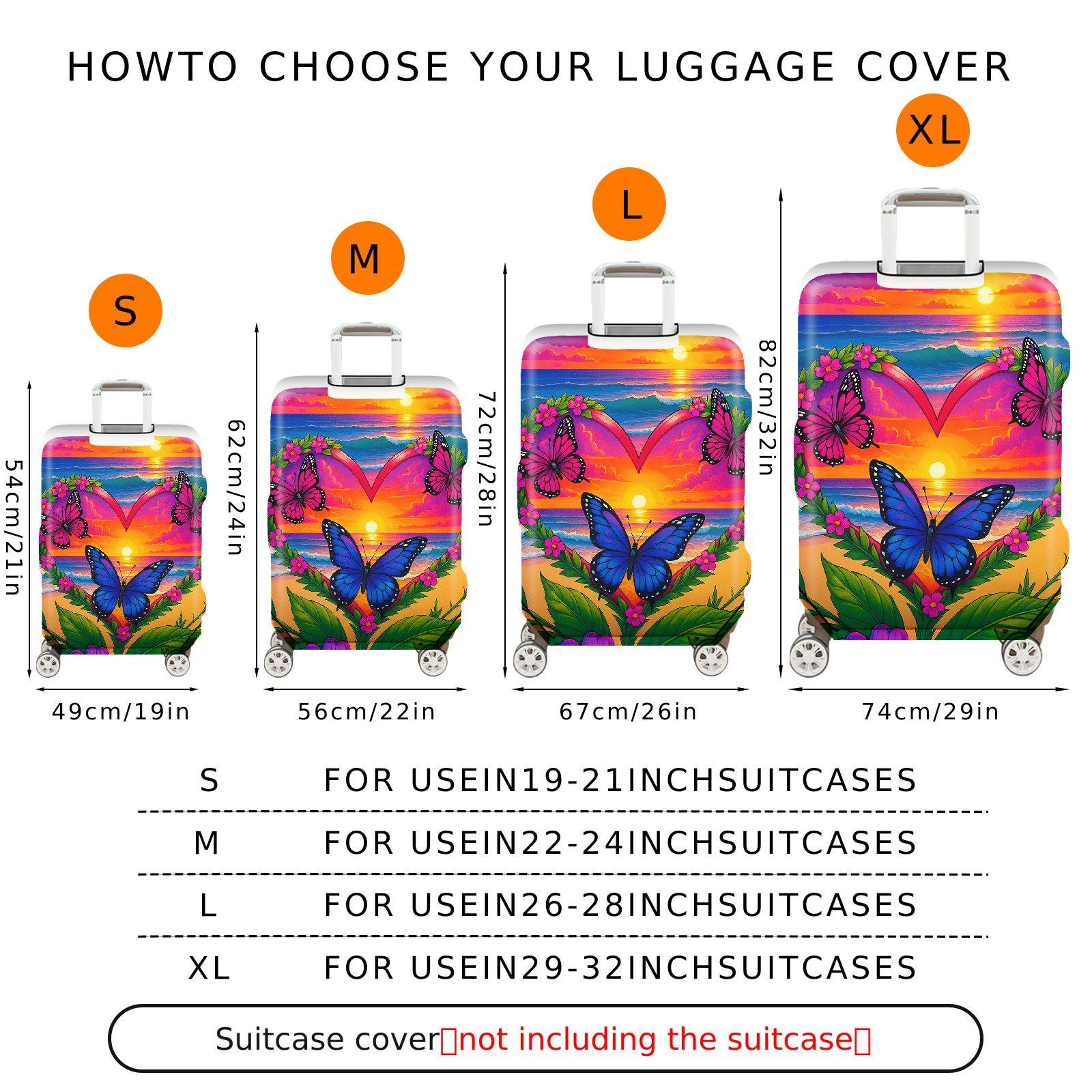1-Piece Sunset Ocean Heart Butterfly Floral  Suitcase Luggage Cover, Stretch Protective Sleeve