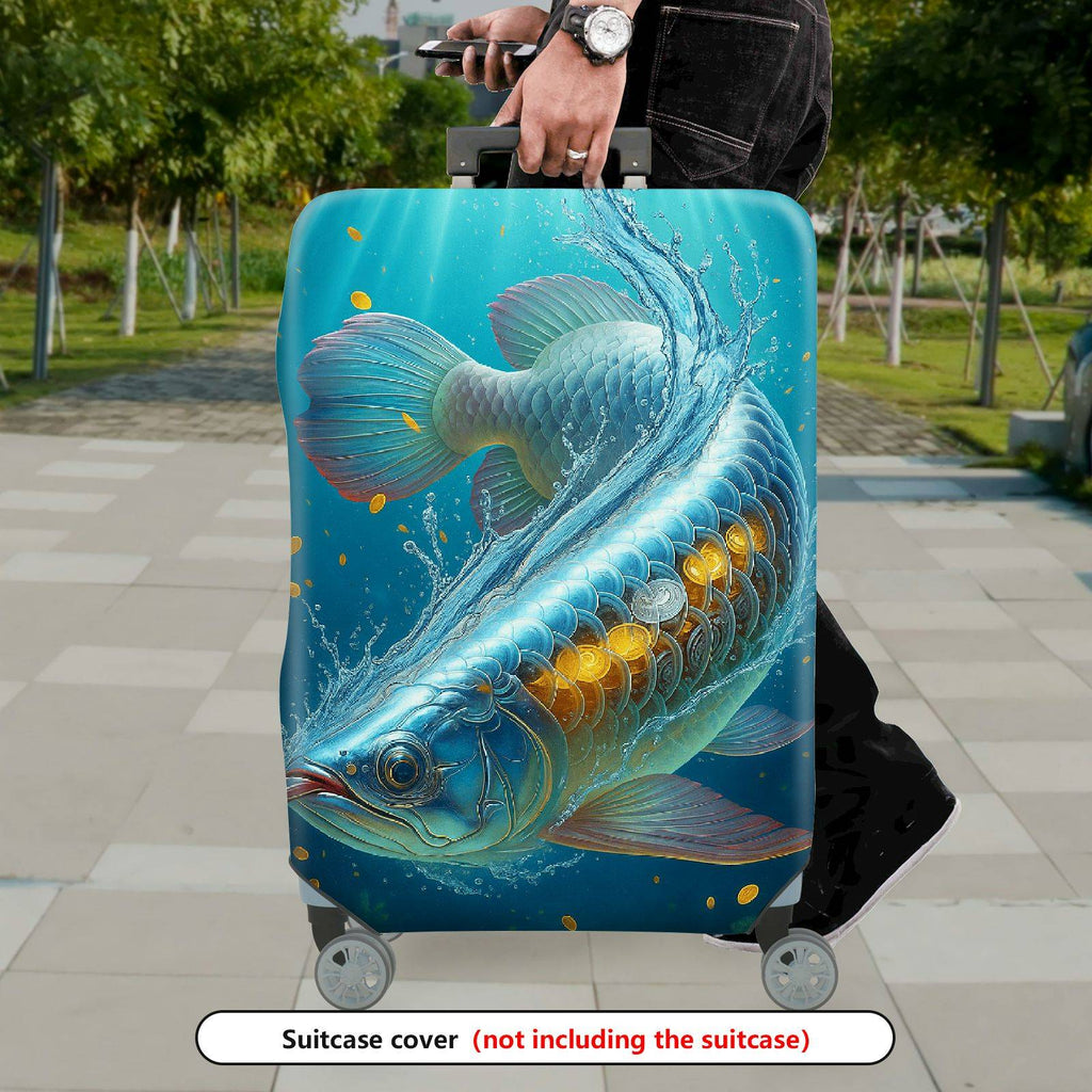 1-Piece Blue Fish Water Gold Ocean Artistic  Suitcase Luggage Cover, Stretch Protective Sleeve