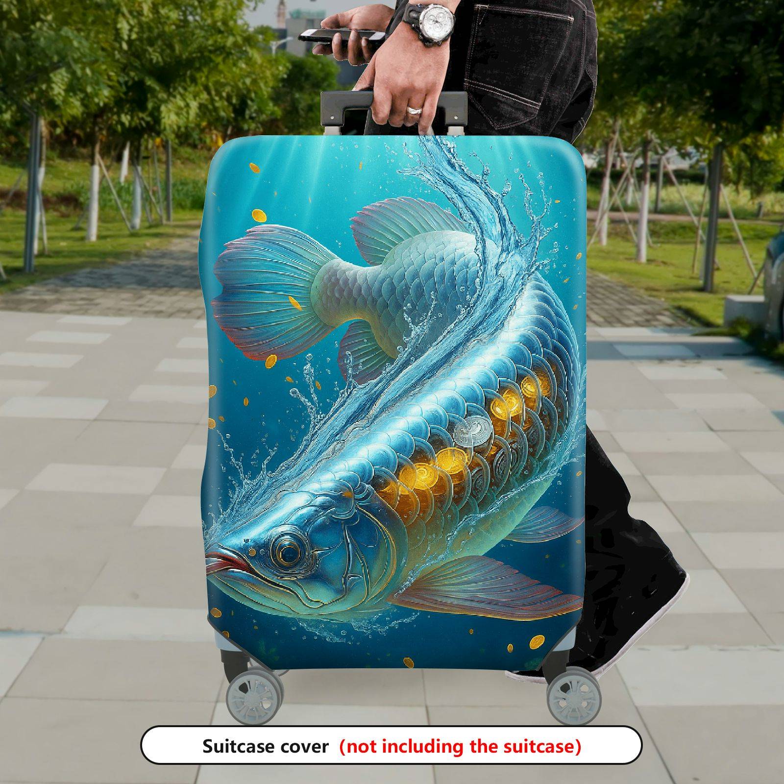 1-Piece Blue Fish Water Gold Ocean Artistic  Suitcase Luggage Cover, Stretch Protective Sleeve