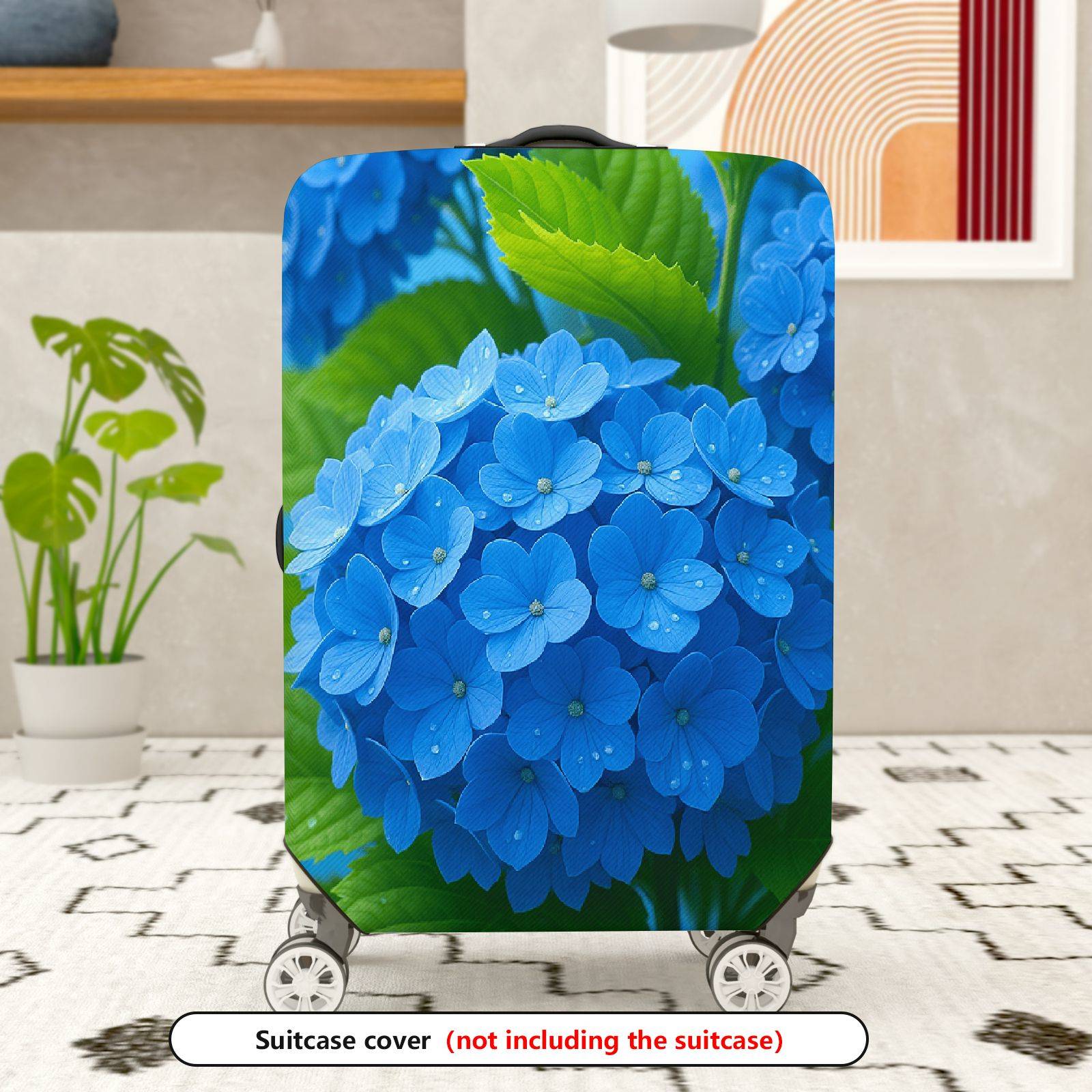 1-Piece Blue Floral Green Leaf Nature Hydrangea Elegant  Suitcase Luggage Cover, Stretch Protective Sleeve