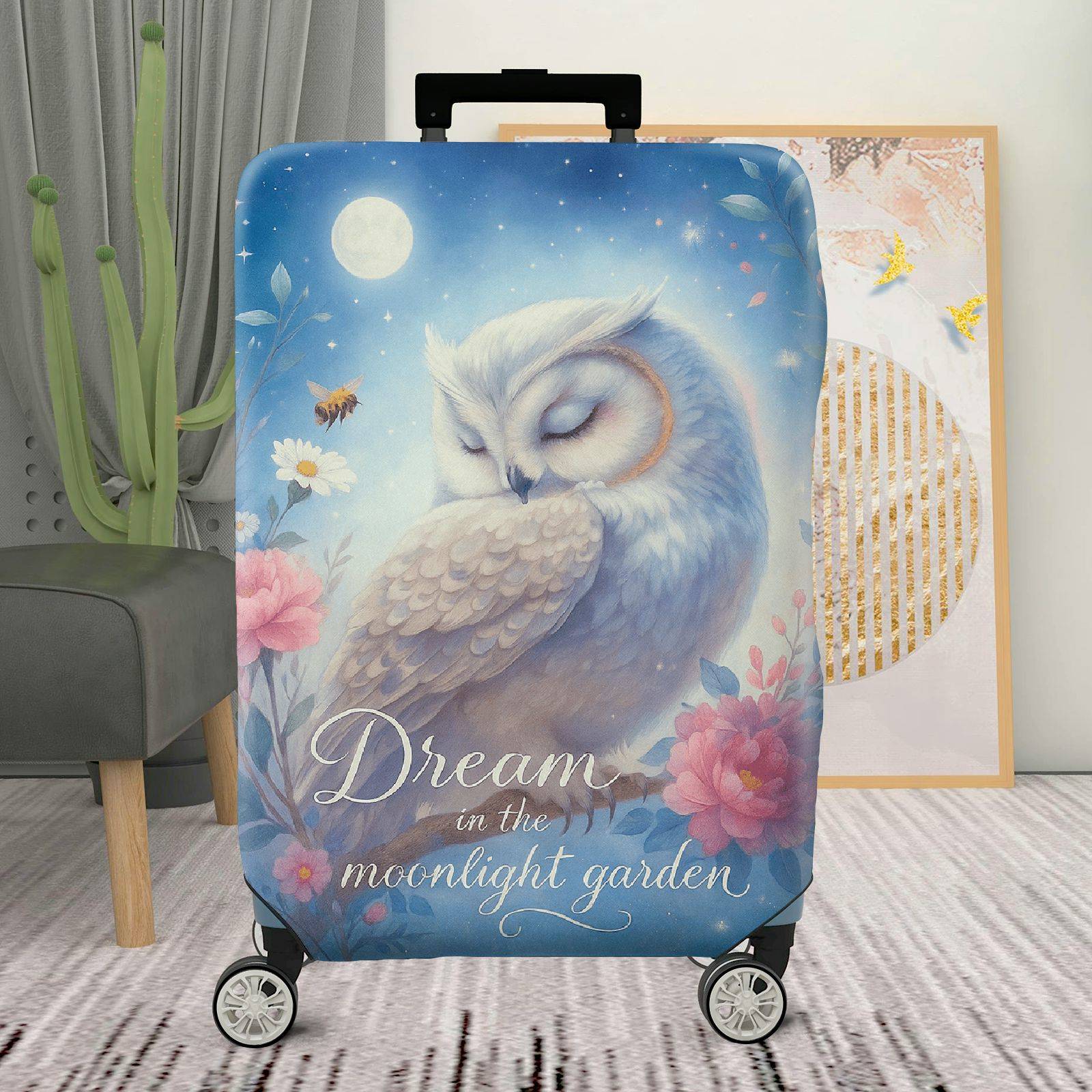 1-Piece Owl Moonlight Garden Floral Dream Fantasy  Suitcase Luggage Cover, Stretch Protective Sleeve