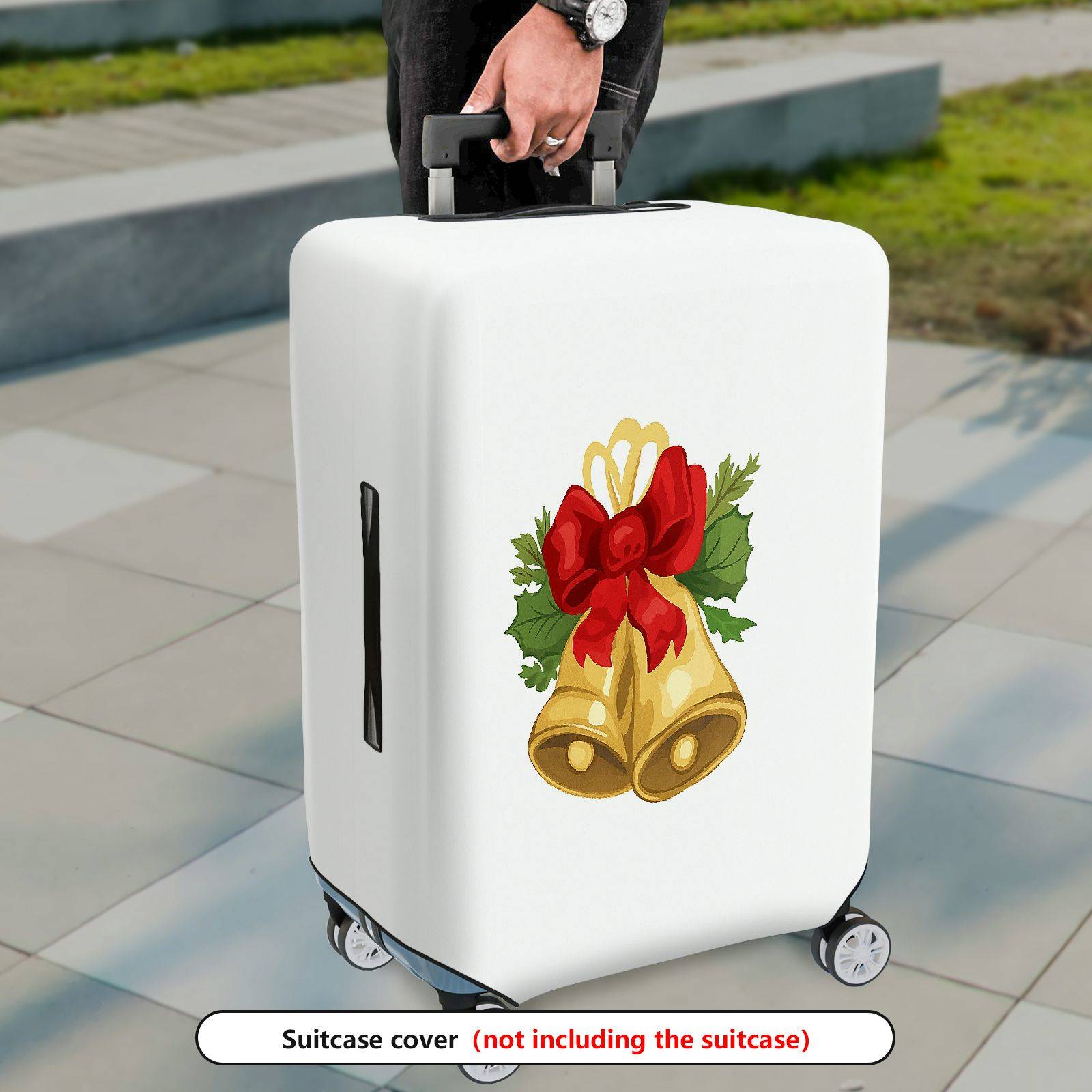 1-Piece Christmas Bell Red Bow Holiday Festive Elegant  Suitcase Luggage Cover, Stretch Protective Sleeve