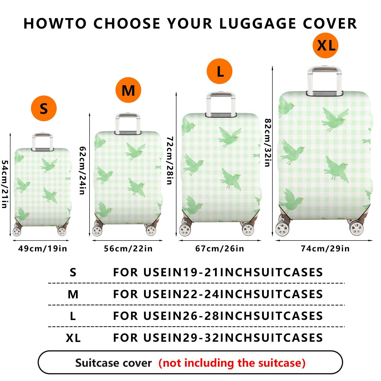 1-Piece Green Bird Check Pattern Plaid Travel Holiday  Suitcase Luggage Cover, Stretch Protective Sleeve