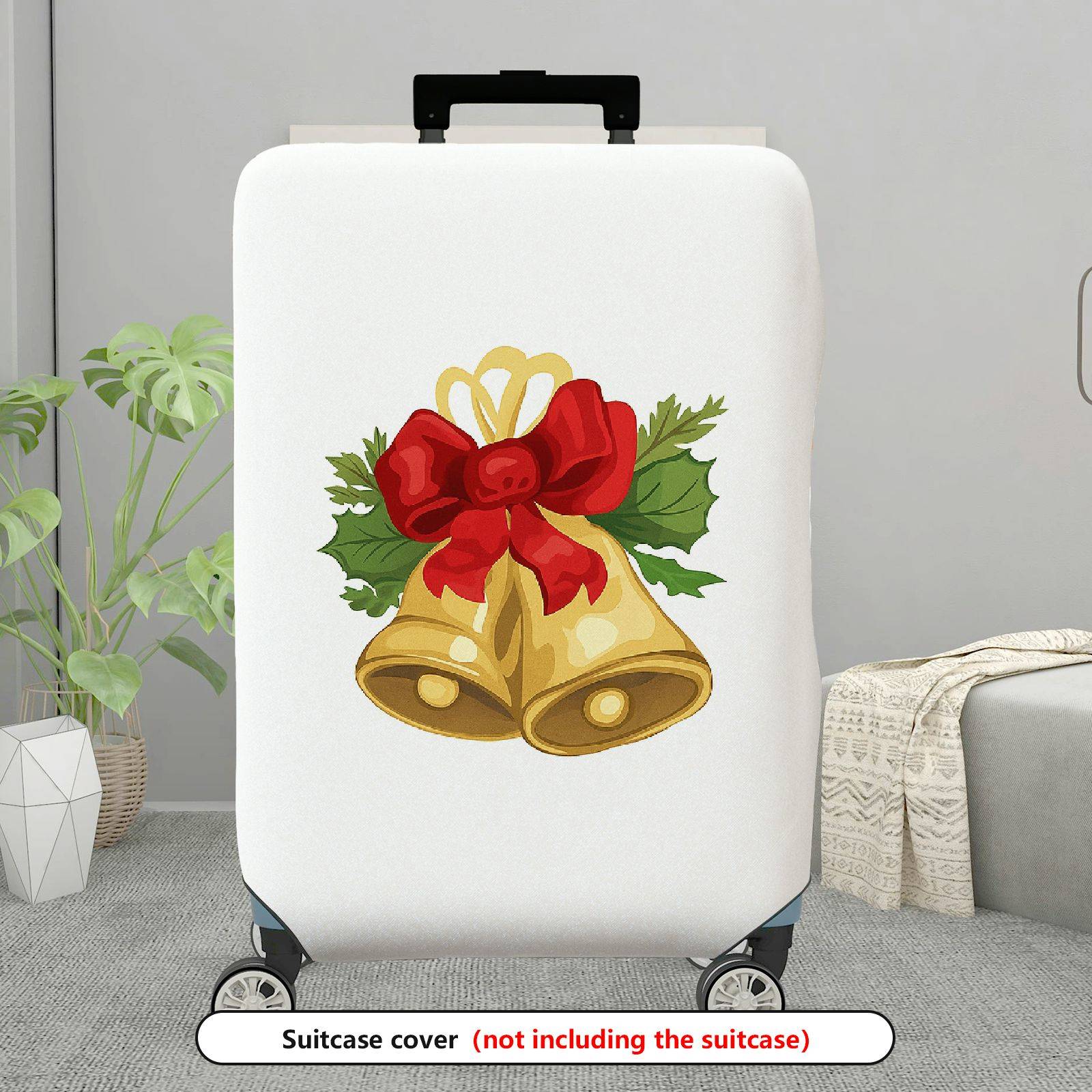 1-Piece Christmas Bell Red Bow Holiday Festive Elegant  Suitcase Luggage Cover, Stretch Protective Sleeve