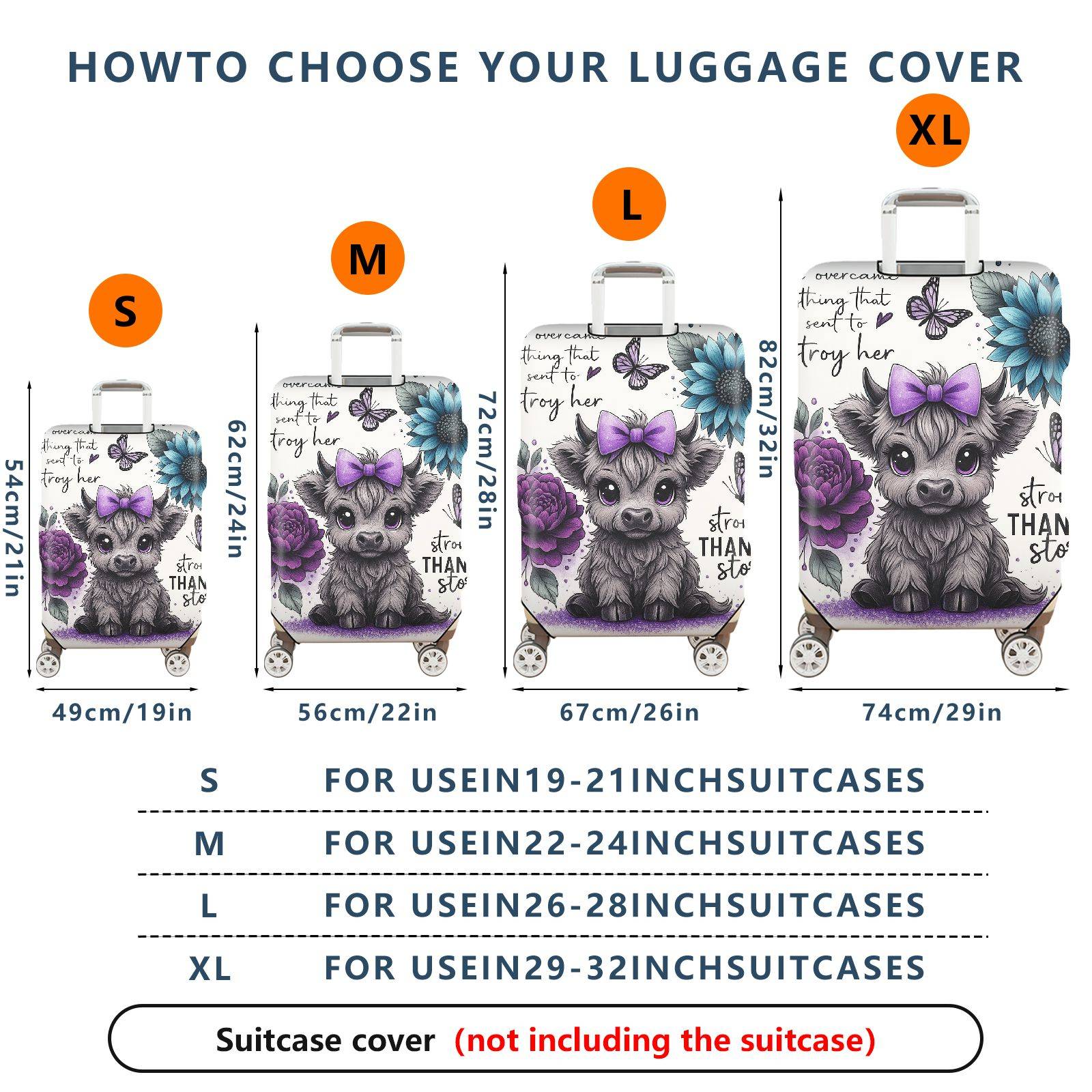 1-Piece Cute Floral Butterfly Cow Feminine Inspirational Quote  Suitcase Luggage Cover, Stretch Protective Sleeve