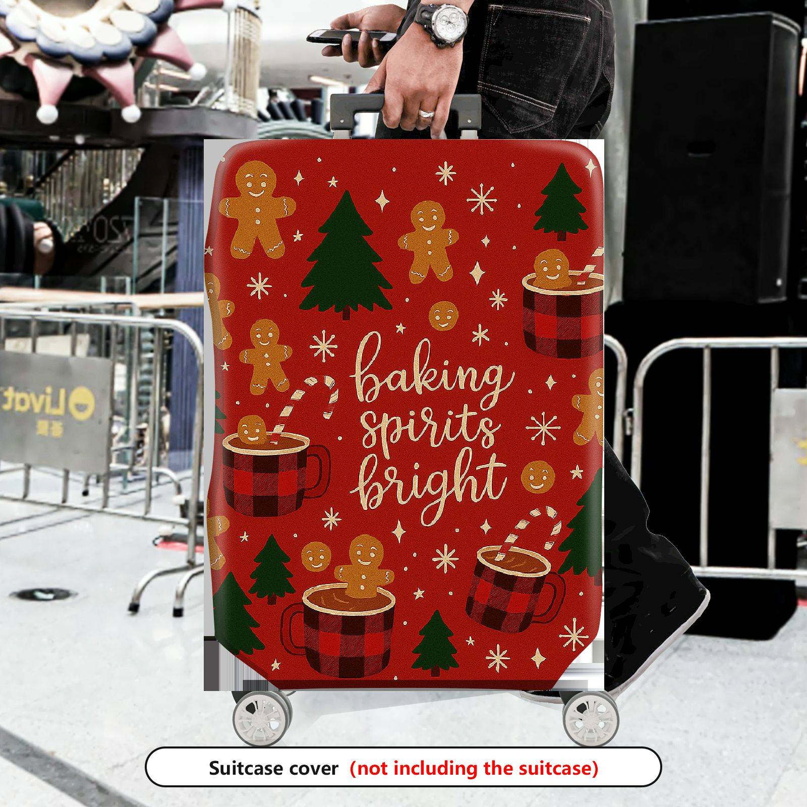1-Piece Christmas Holiday Winter Gingerbread Coffee Tree  Suitcase Luggage Cover, Stretch Protective Sleeve