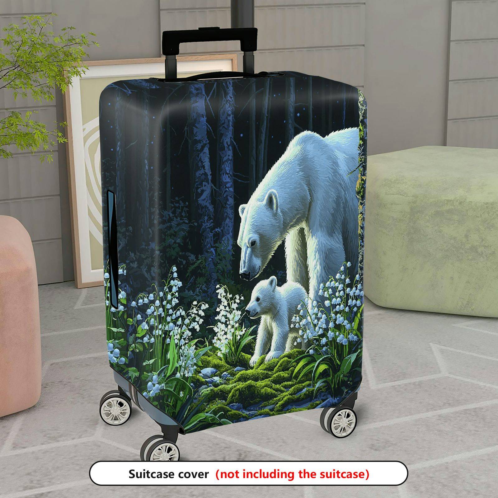 1-Piece Nature Forest Polar Bear Floral Green  Suitcase Luggage Cover, Stretch Protective Sleeve