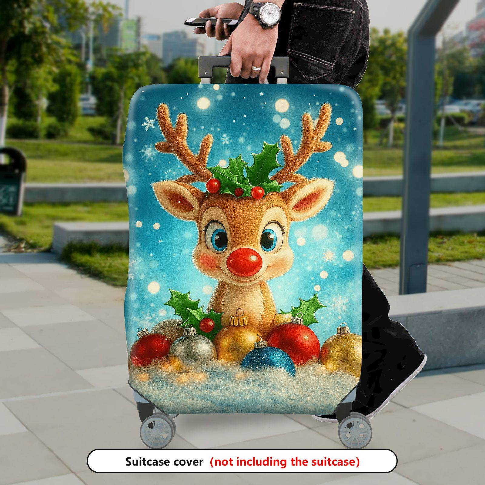 1-Piece Reindeer Christmas Snowflakes Ornaments Holiday  Suitcase Luggage Cover, Stretch Protective Sleeve