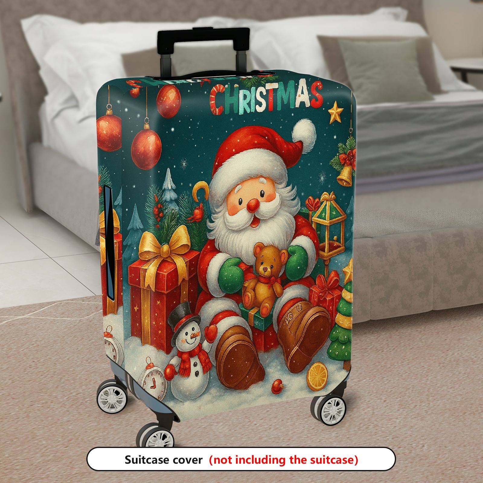 1-Piece Christmas Santa Snowman Holiday Gift Tree  Suitcase Luggage Cover, Stretch Protective Sleeve