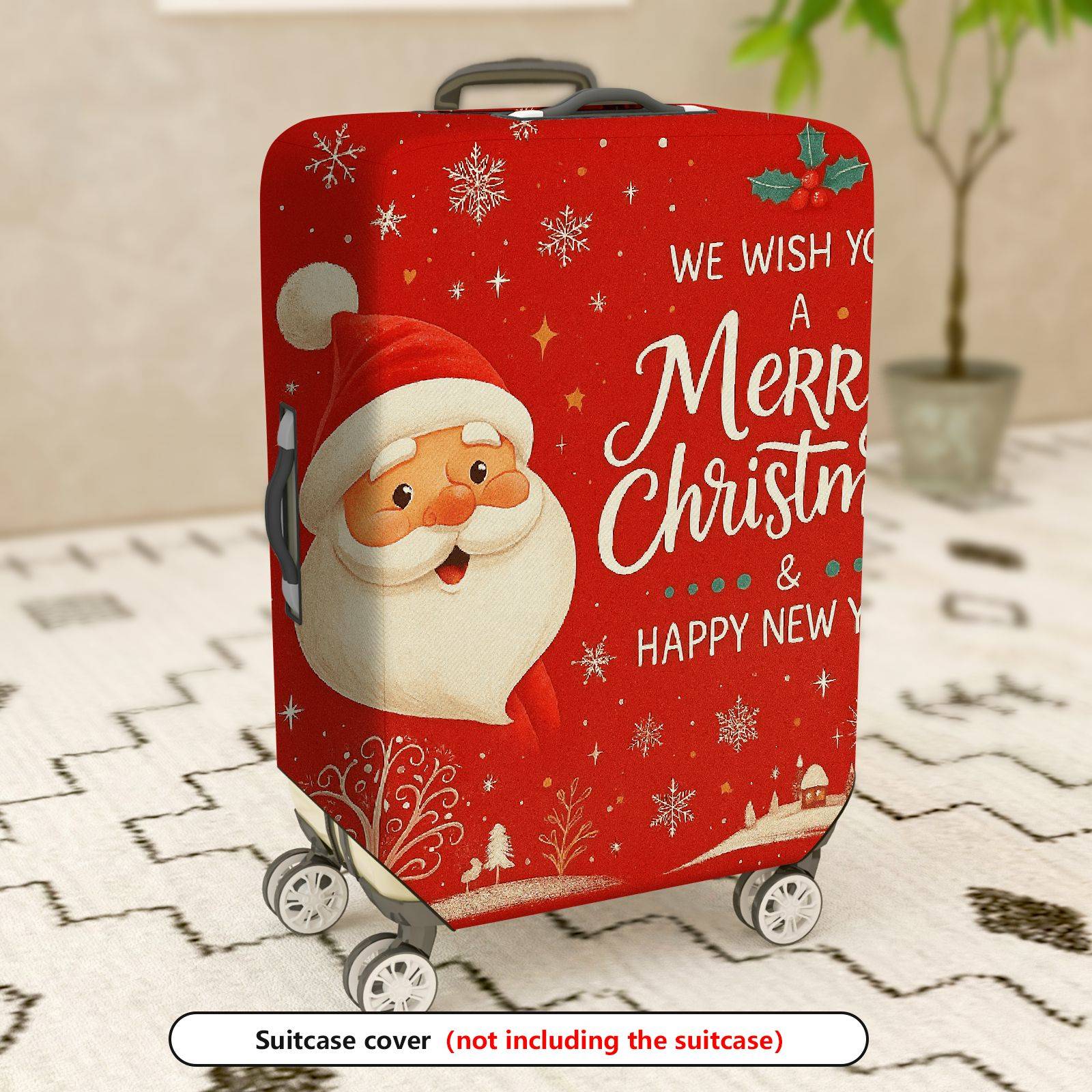 1-Piece Red Christmas Santa Snowflake New Year Holiday  Suitcase Luggage Cover, Stretch Protective Sleeve