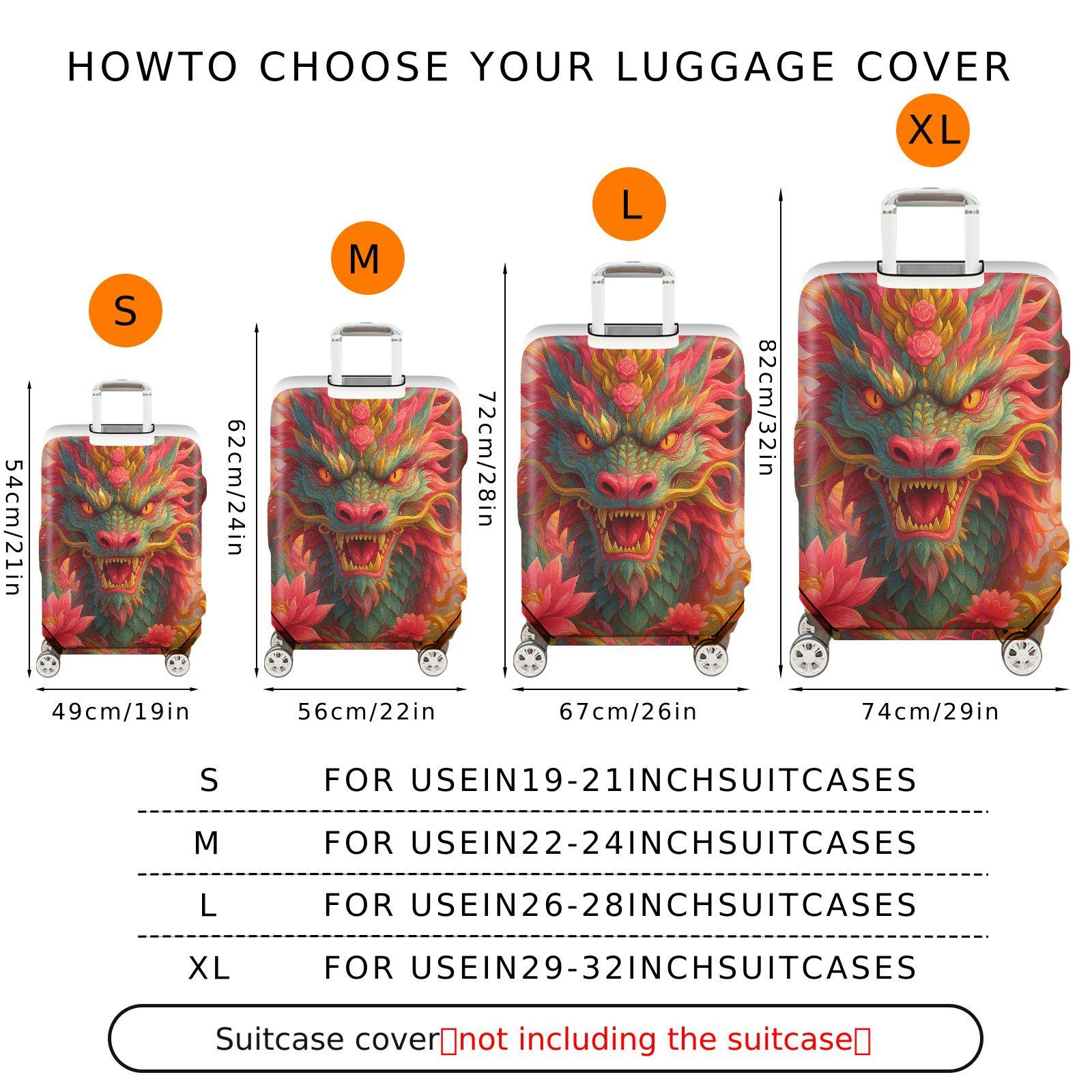 1-Piece Dragon Floral Artistic Mystical Vibrant  Suitcase Luggage Cover, Stretch Protective Sleeve